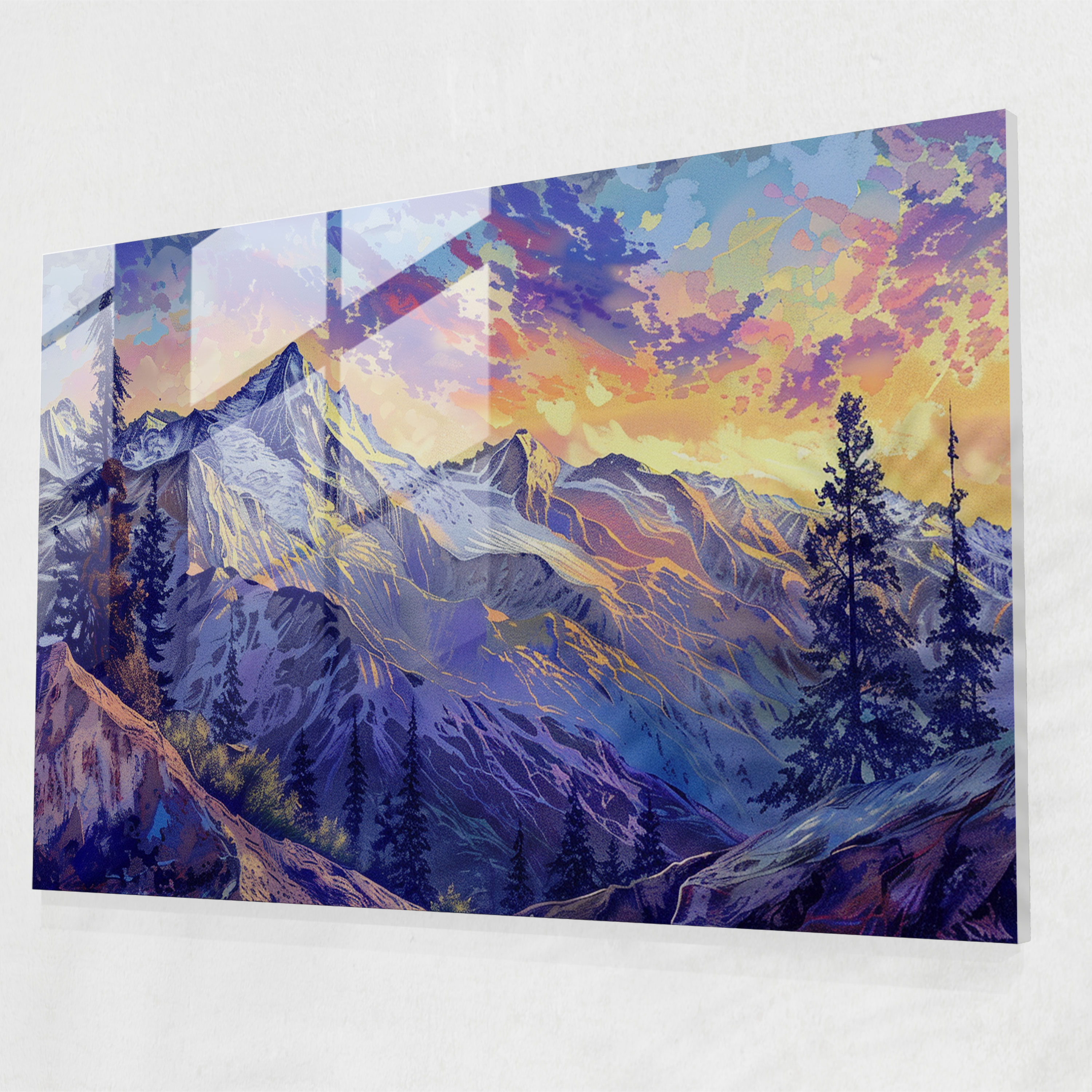 Pointillism Modern Art: Mountain Landscape - Pointillism, Glass Art, Glass Print, Pointillism