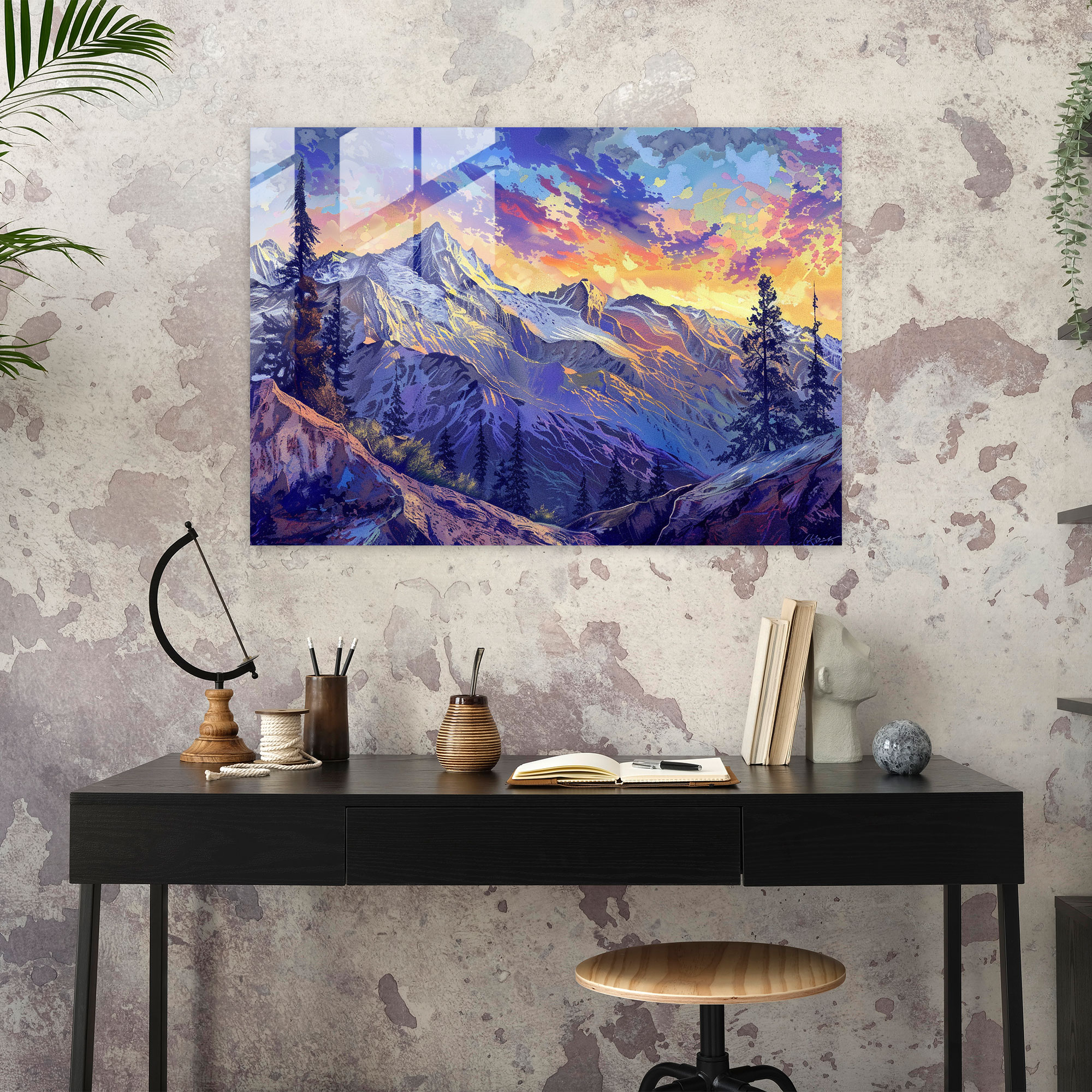 Pointillism Modern Art: Mountain Landscape - Pointillism, Glass Art, Glass Print, Pointillism