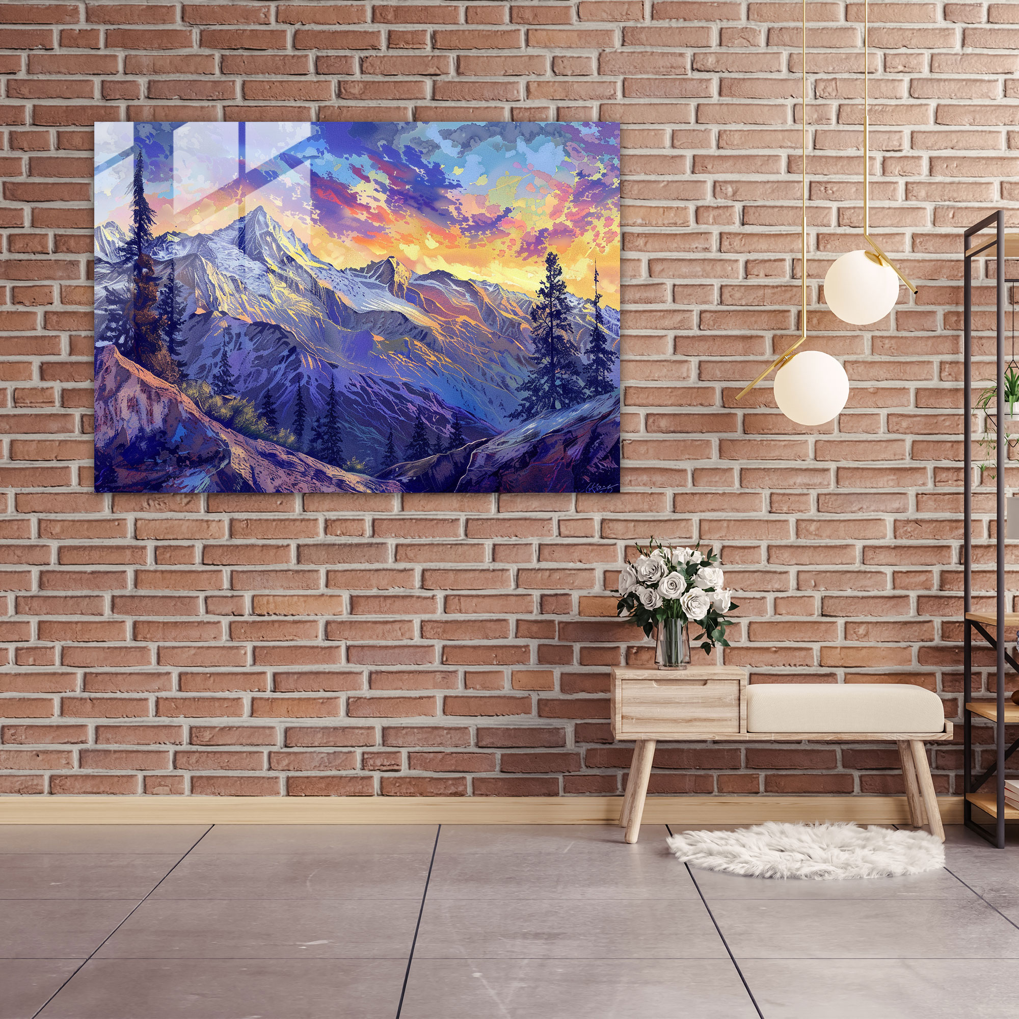 Pointillism Modern Art: Mountain Landscape - Pointillism, Glass Art, Glass Print, Pointillism