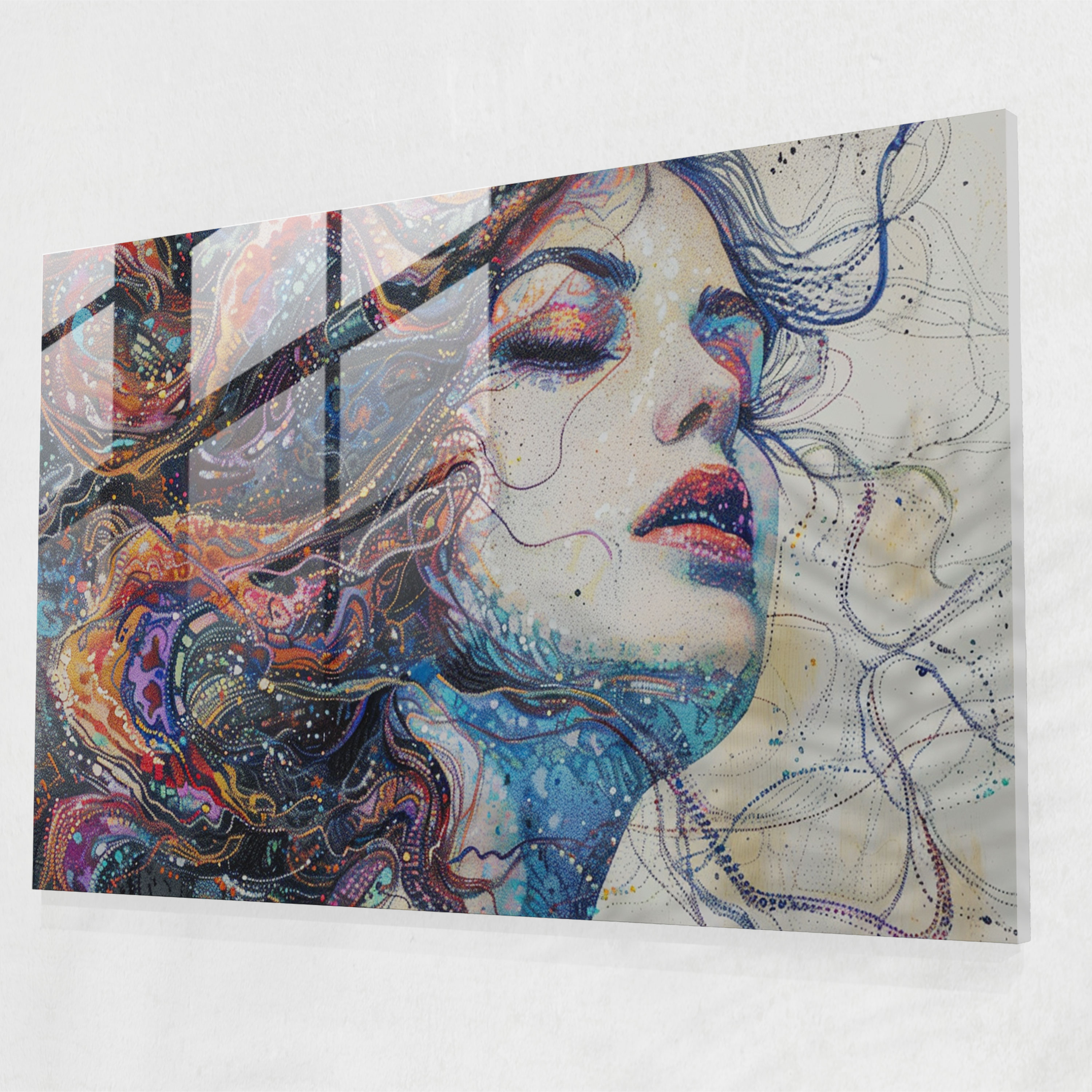 Woman Portrait Pointillism Glass Print Wall Decoration - Pointillism, Glass Wall Art, Wall Decoration, Home Decoration