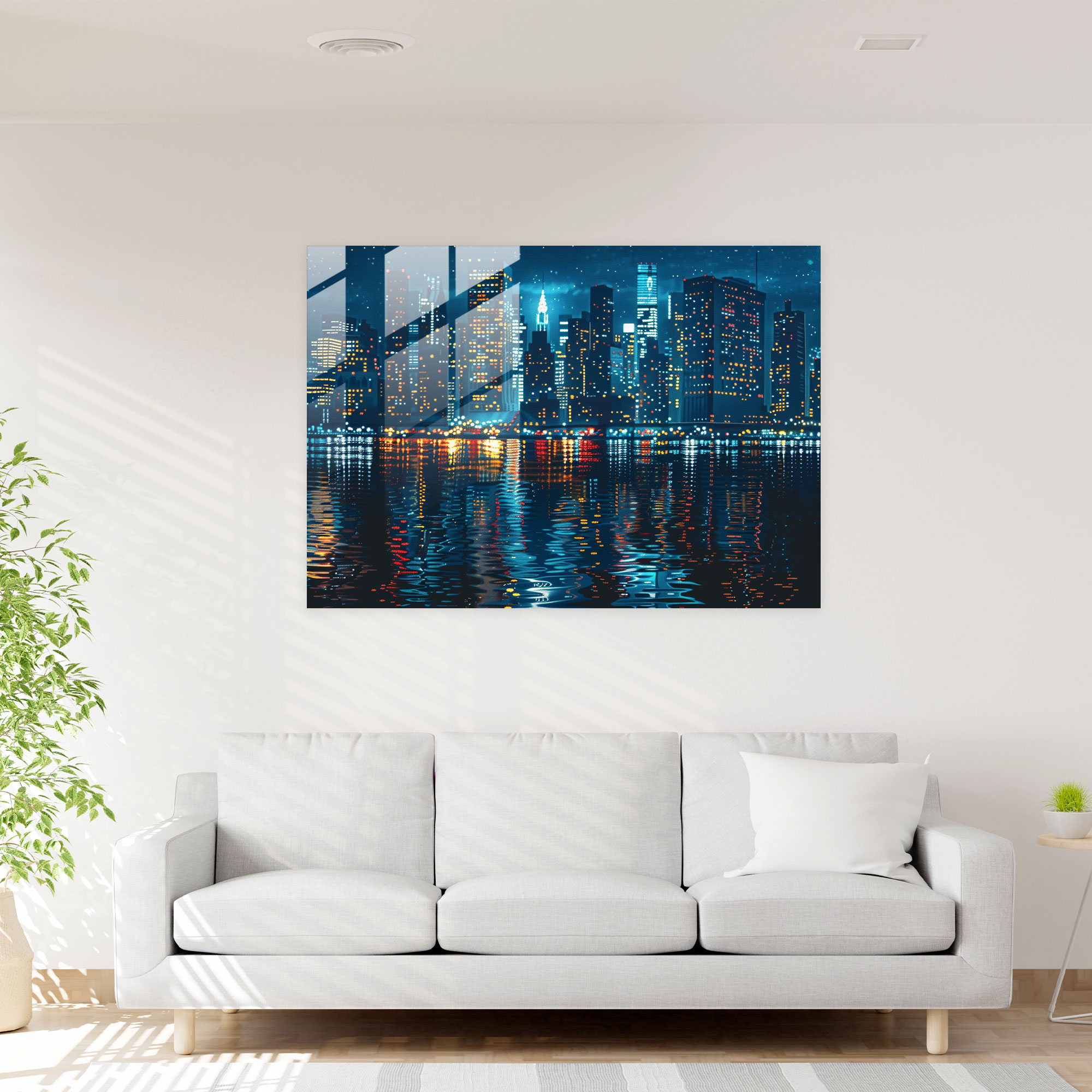 Cityscape Night Pointillism Glass Wall Art Home Decoration - Pointillism, Glass Art, Glass Wall Art, Wall Decoration
