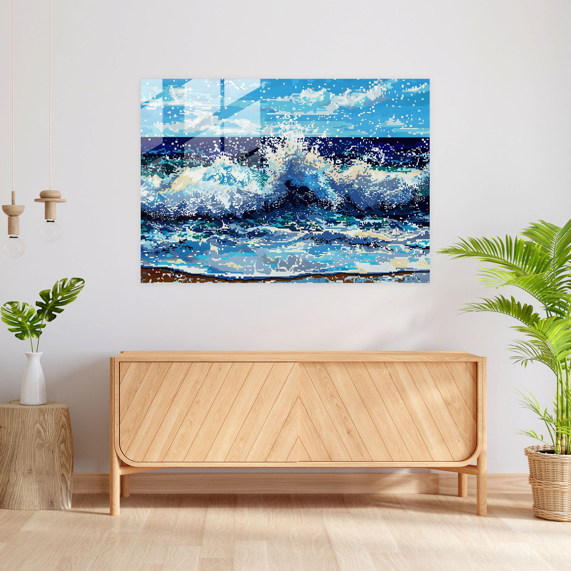 Seascape Waves Pointillism Glass Print Modern Wall Decoration - Pointillism, Wall Decoration, Pointillism, Glass Print