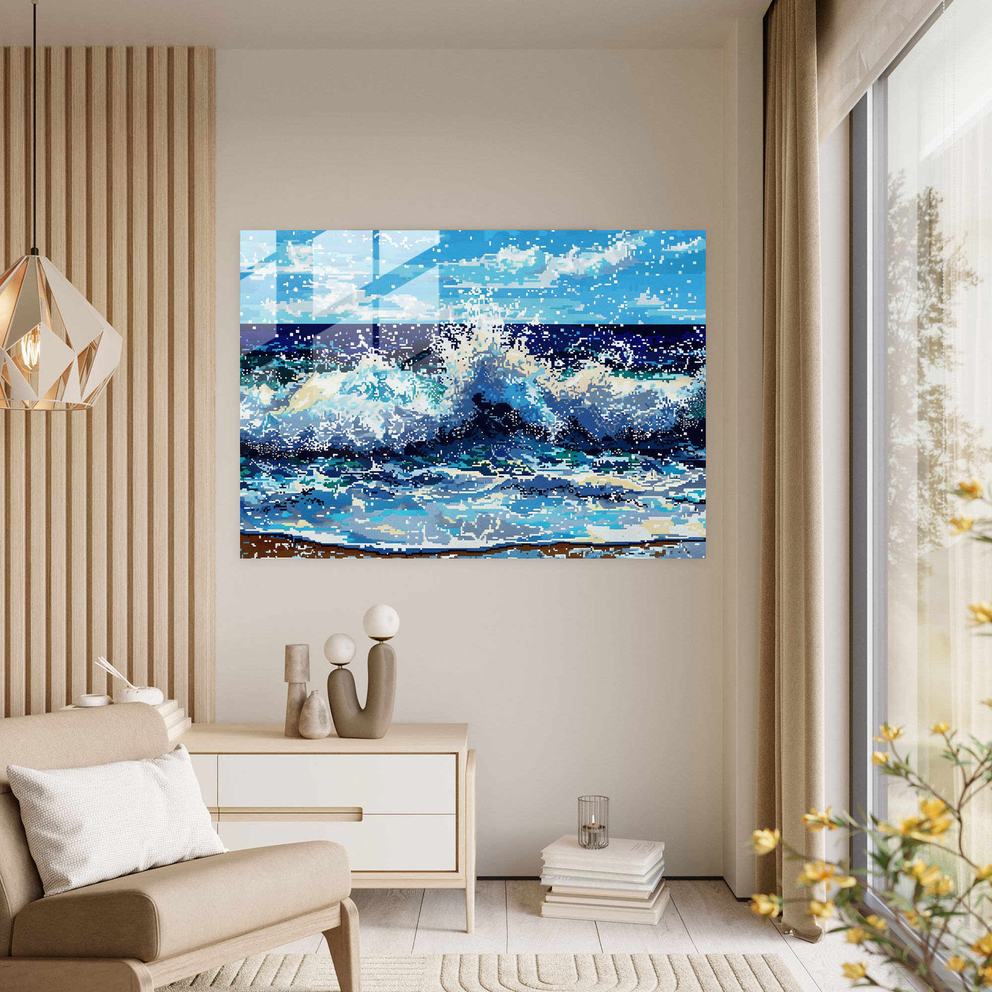 Seascape Waves Pointillism Glass Print Modern Wall Decoration - Pointillism, Wall Decoration, Pointillism, Glass Print