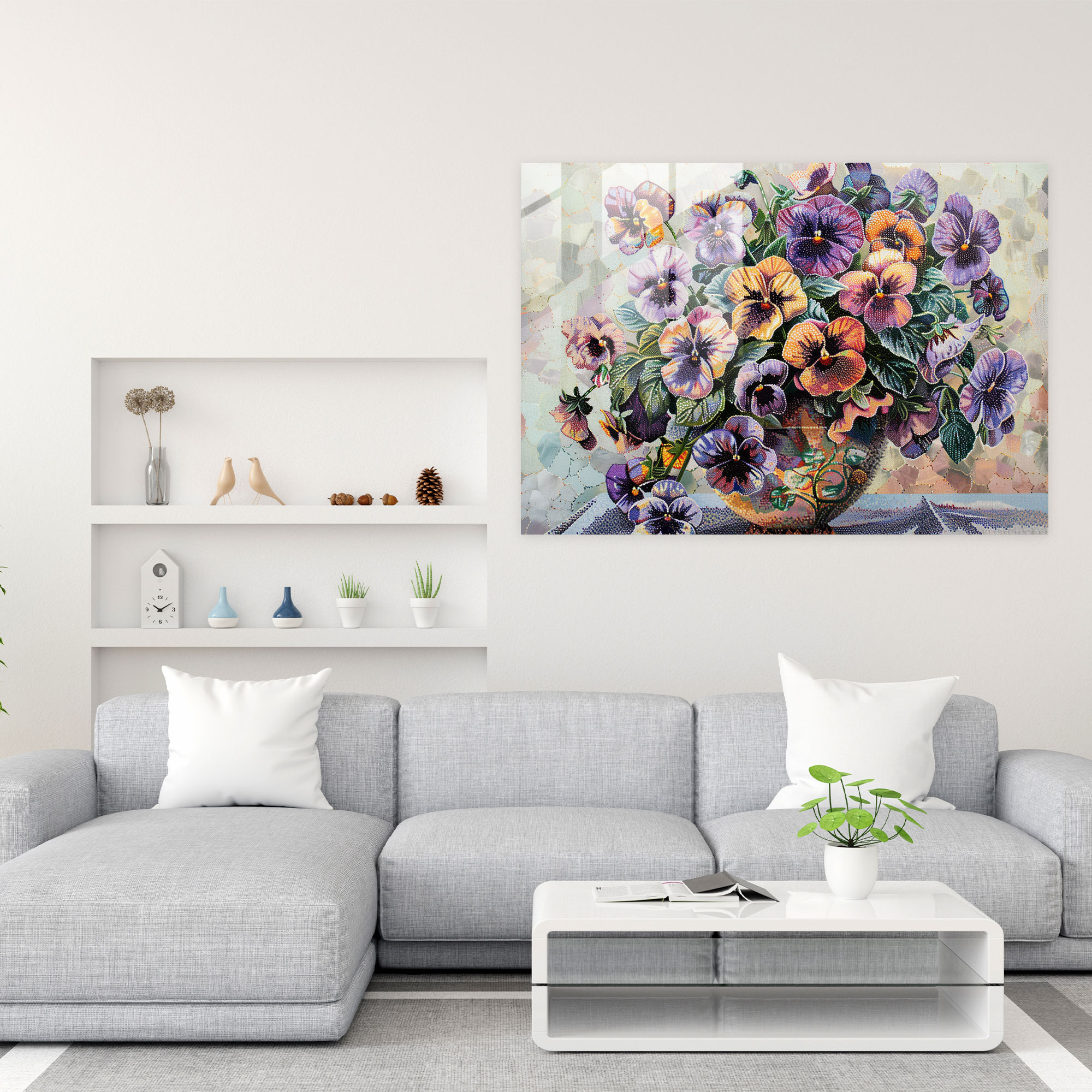 Floral Still Life Pointillism Glass Wall Art Home Decoration - Pointillism, Glass Wall Art, Modern Art, Glass Art