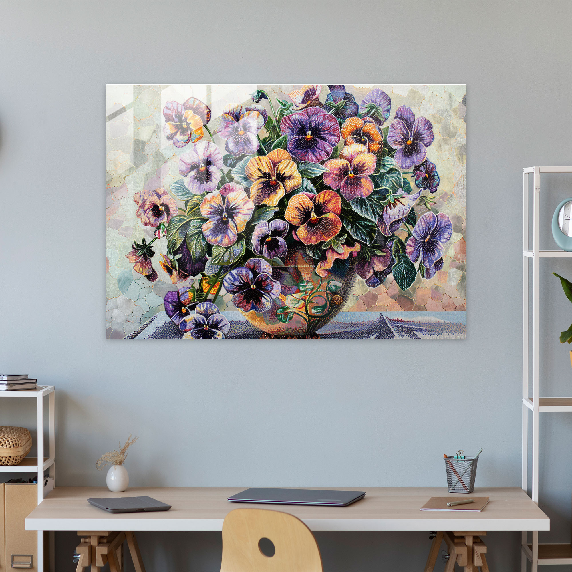 Floral Still Life Pointillism Glass Wall Art Home Decoration - Pointillism, Glass Wall Art, Modern Art, Glass Art