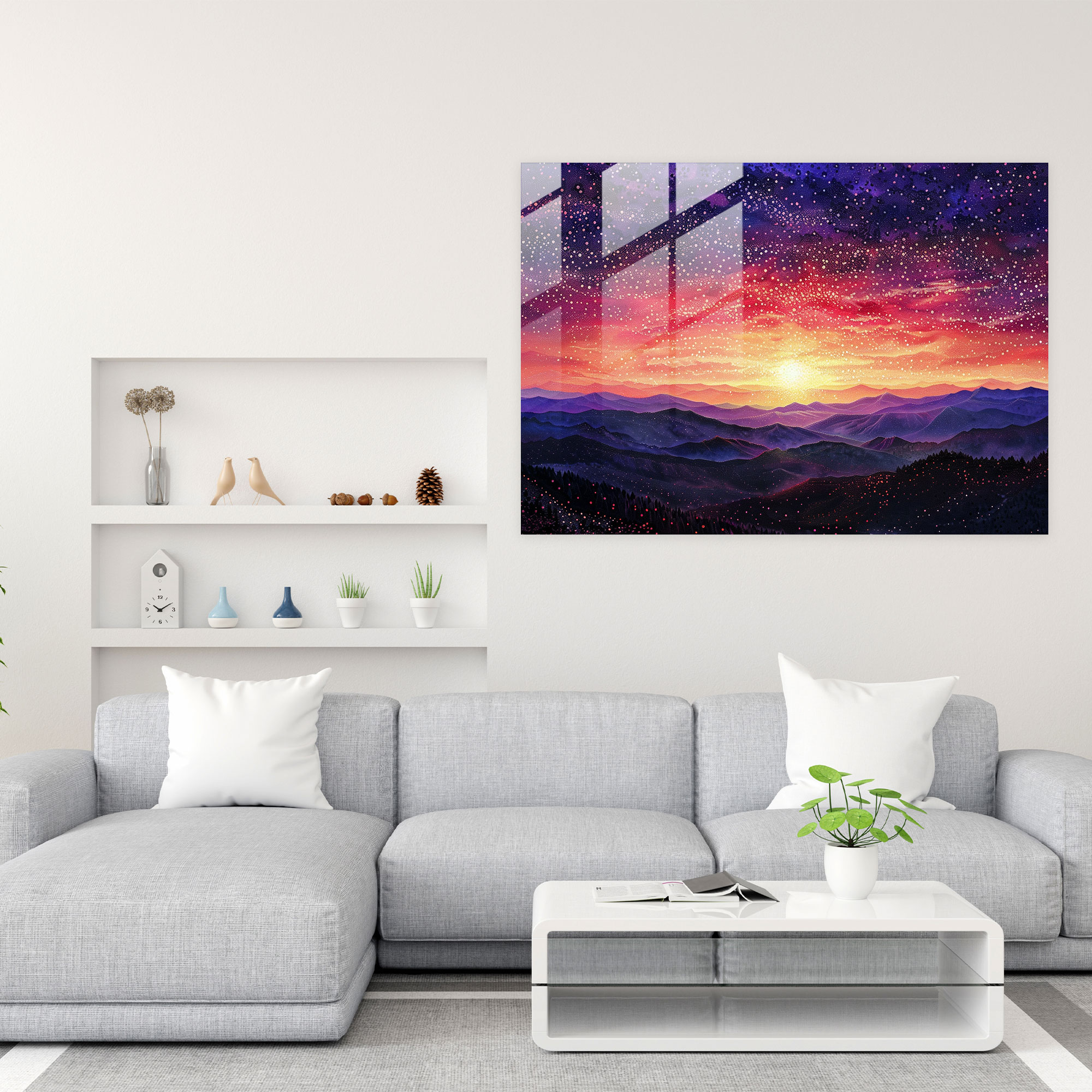 Sunset Landscape Pointillism Glass Print Wall Decoration - Pointillism, Home Decoration, Glass Print, Modern Art