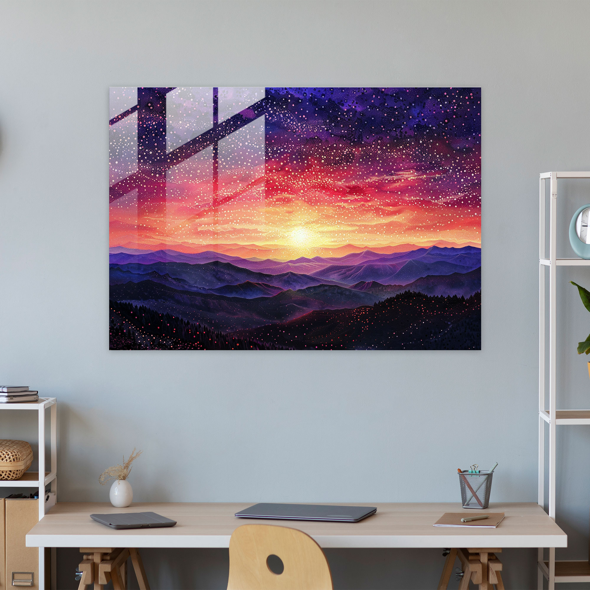 Sunset Landscape Pointillism Glass Print Wall Decoration - Pointillism, Home Decoration, Glass Print, Modern Art