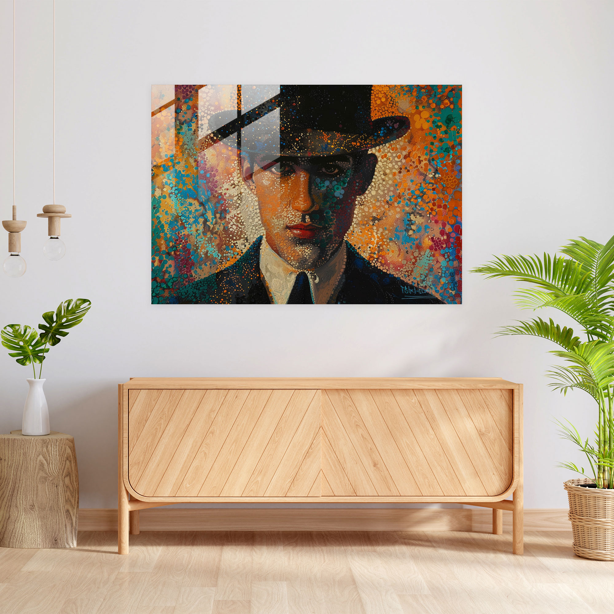 Man Portrait Pointillism Glass Print Wall Art Home Decoration - Pointillism, Modern Art, Pointillism, Wall Decoration