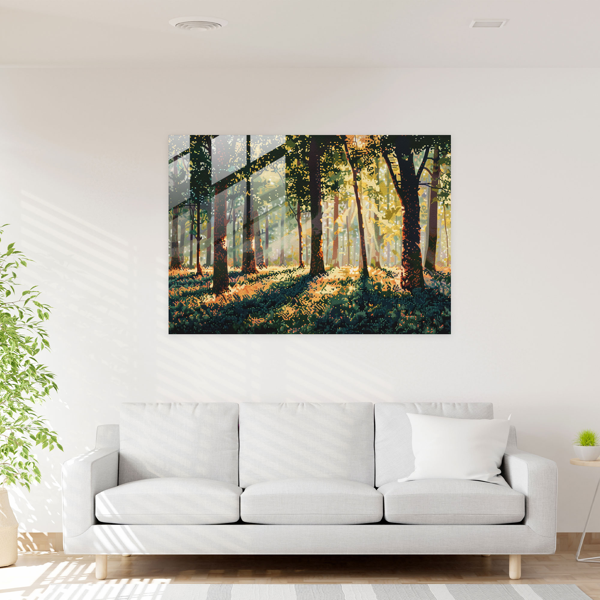 Forest Sunlight Pointillism Glass Wall Art Home Decoration - Pointillism, Glass Wall Art, Modern Art, Wall Decoration