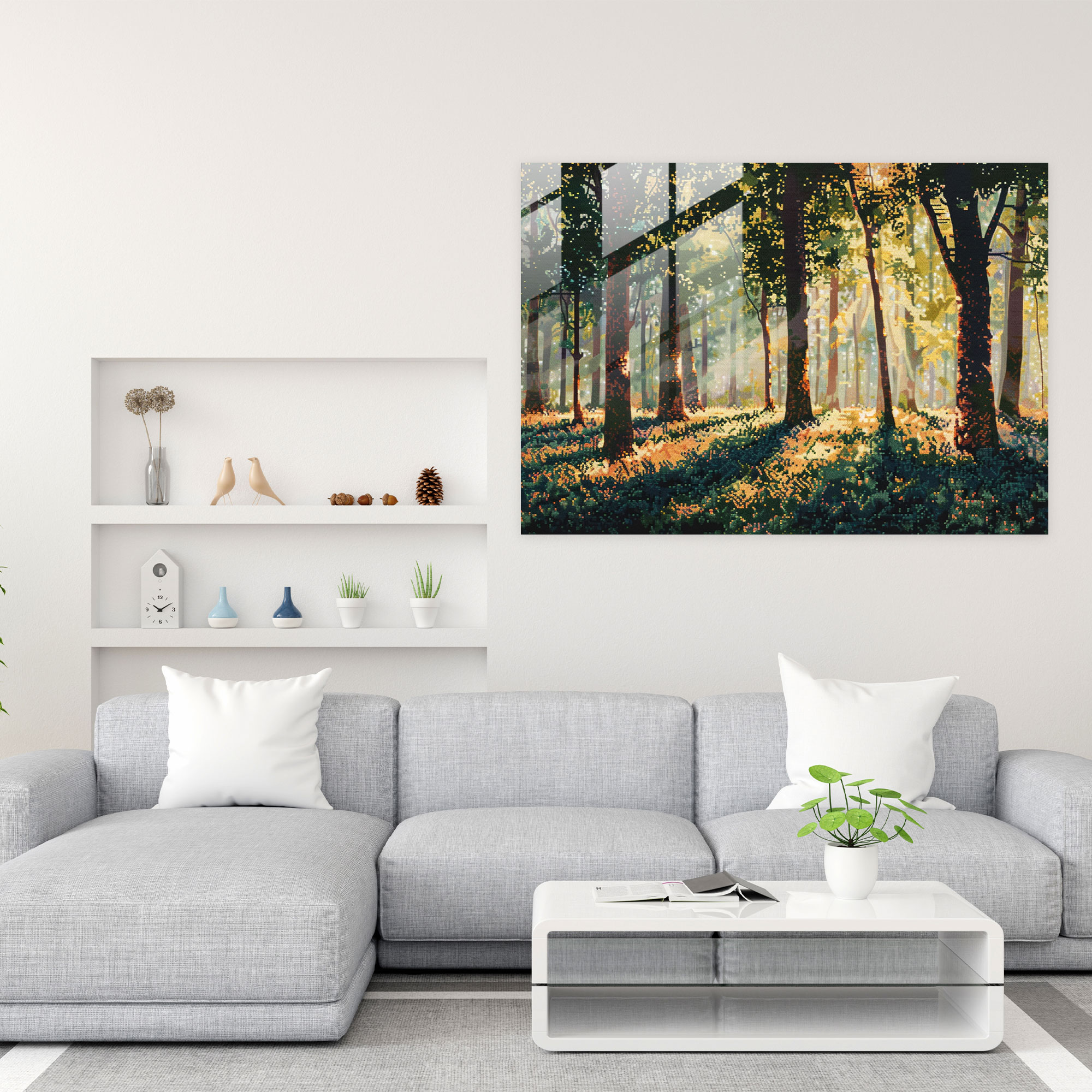 Forest Sunlight Pointillism Glass Wall Art Home Decoration - Pointillism, Glass Wall Art, Modern Art, Wall Decoration