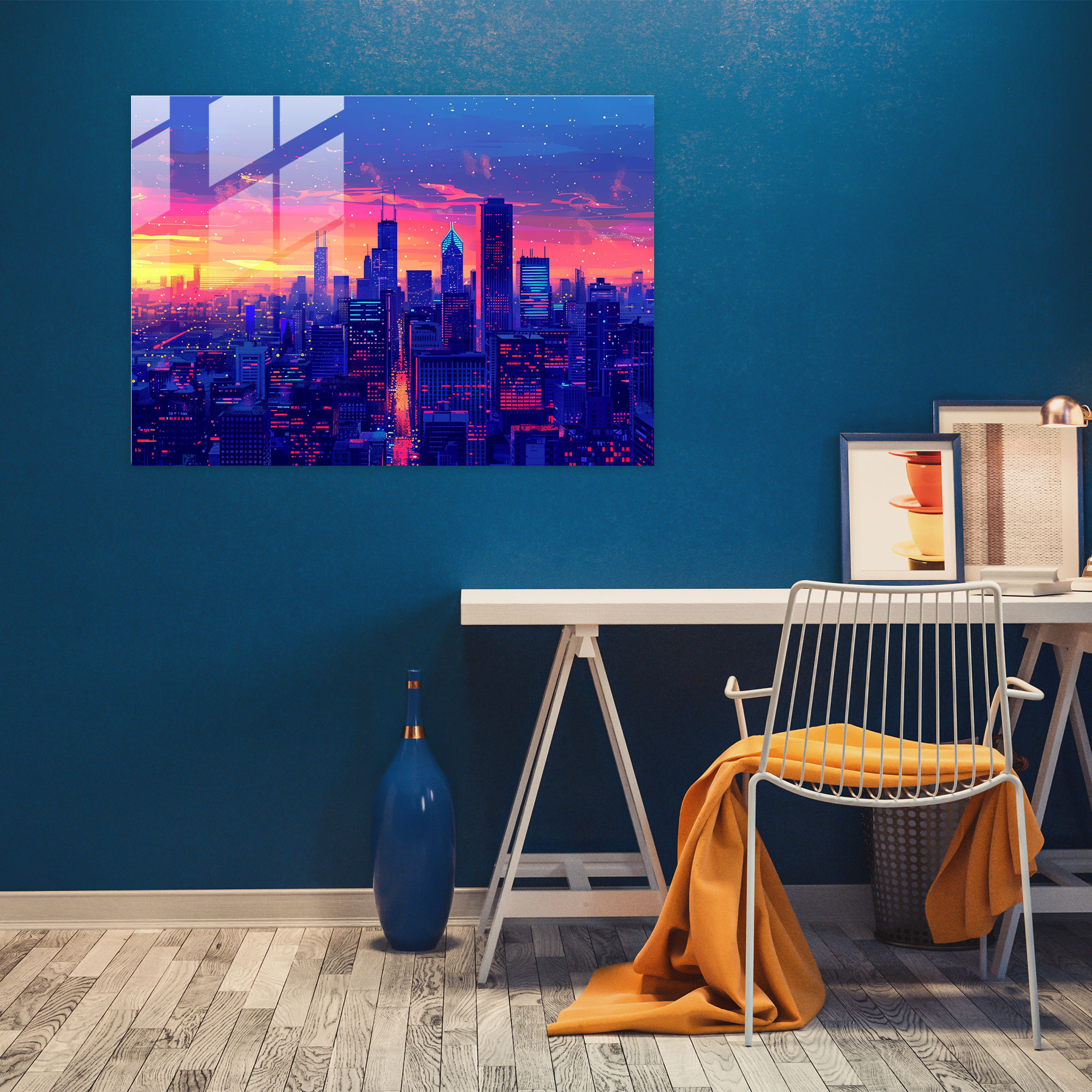 Pointillism Glass Wall Art: Cityscape At Sunset - Pointillism, Glass Print, Home Decoration, Wall Decoration