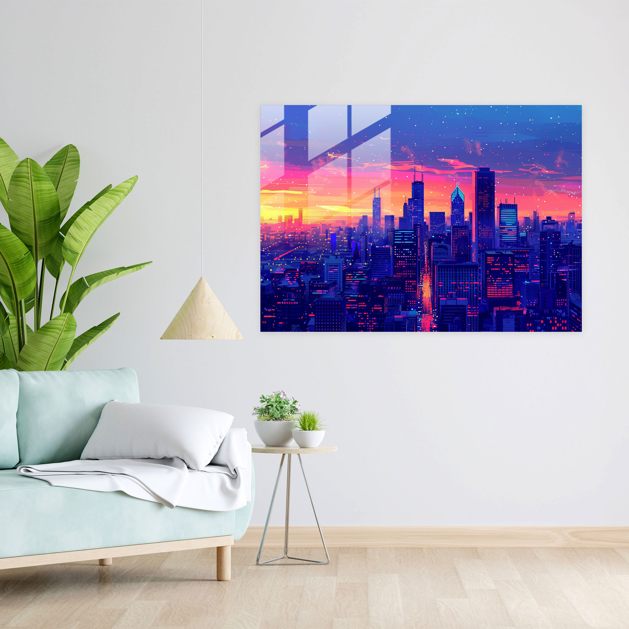 Pointillism Glass Wall Art: Cityscape At Sunset - Pointillism, Glass Print, Home Decoration, Wall Decoration