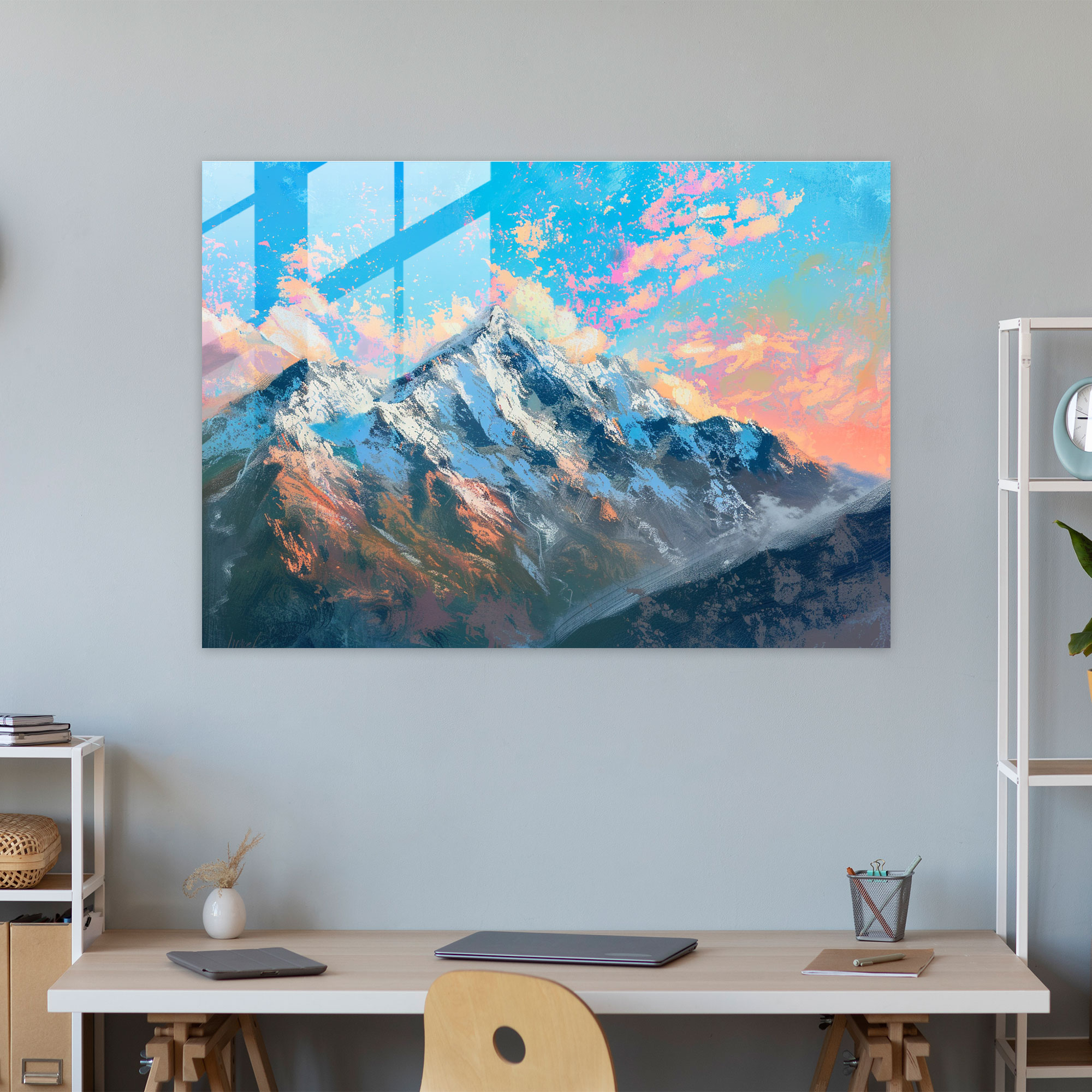 Pointillism Wall Decoration: Majestic Mountain Landscape - Pointillism, Glass Print, Wall Decoration, Glass Wall Art