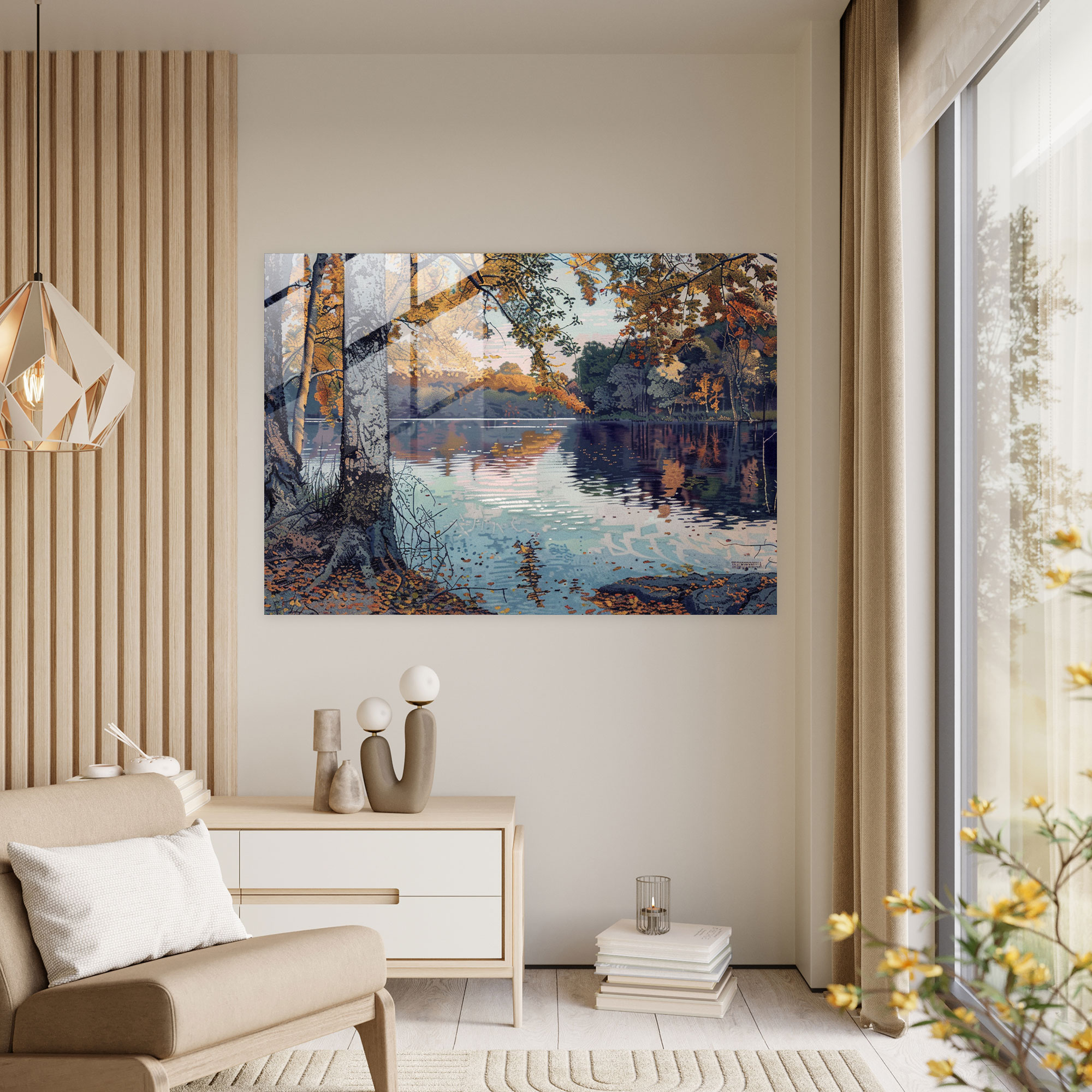Pointillism Glass Wall Art: Tranquil Lakeside View - Pointillism, Home Decoration, Glass Print, Wall Decoration