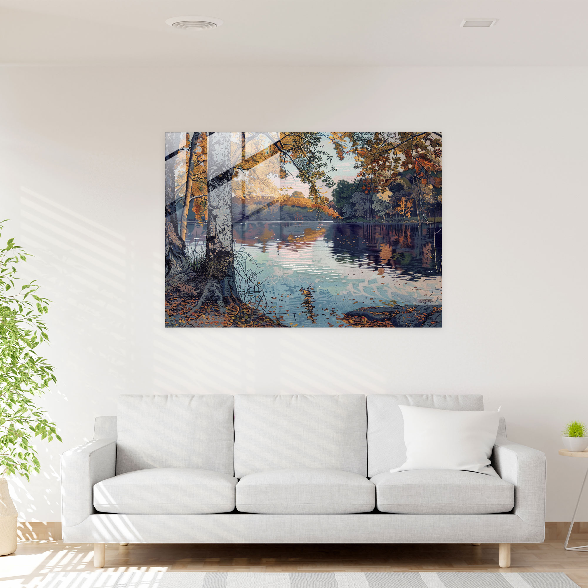 Pointillism Glass Wall Art: Tranquil Lakeside View - Pointillism, Home Decoration, Glass Print, Wall Decoration