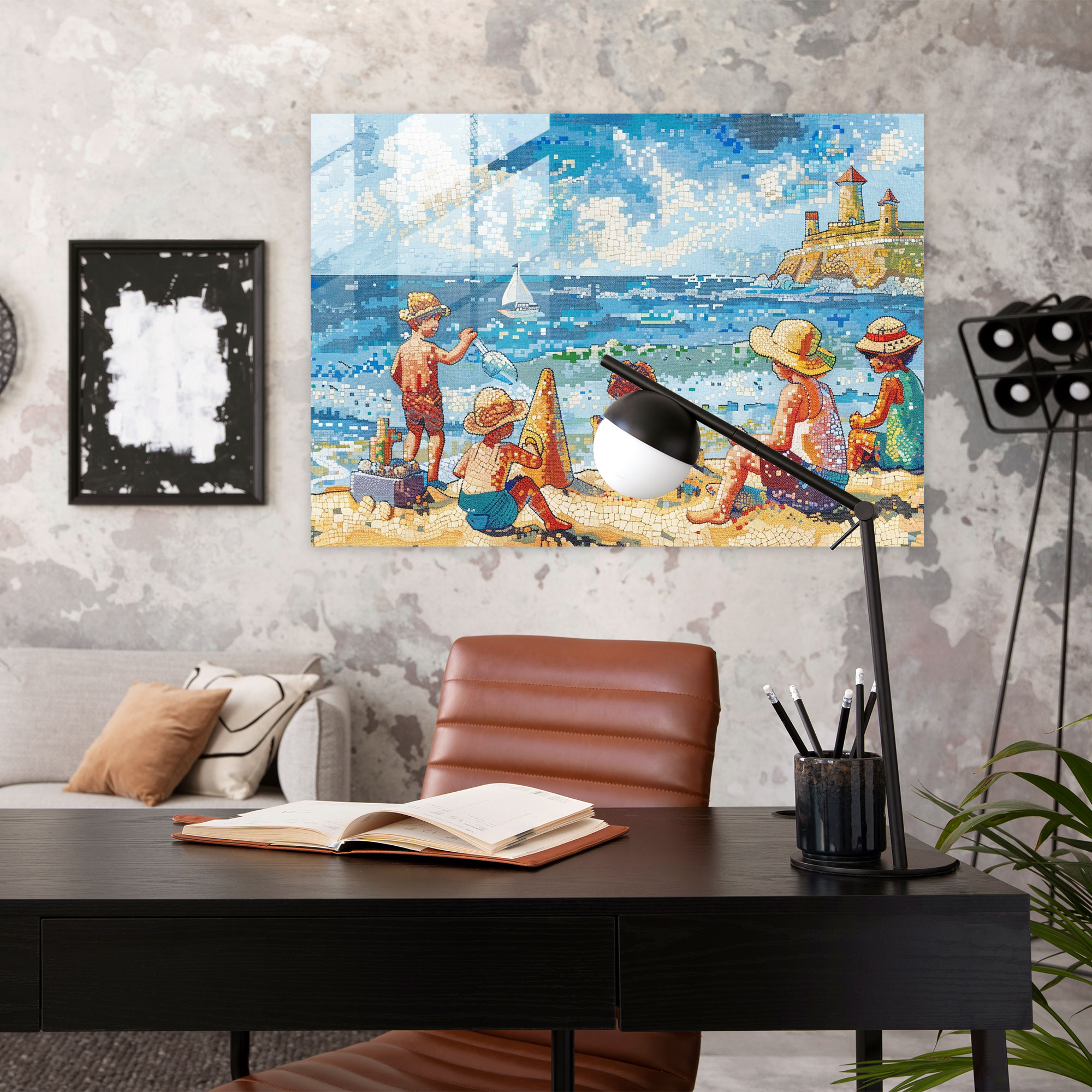 Pointillism Home Decoration: Playful Seaside Scene - Pointillism, Glass Wall Art, Glass Print, Modern Art