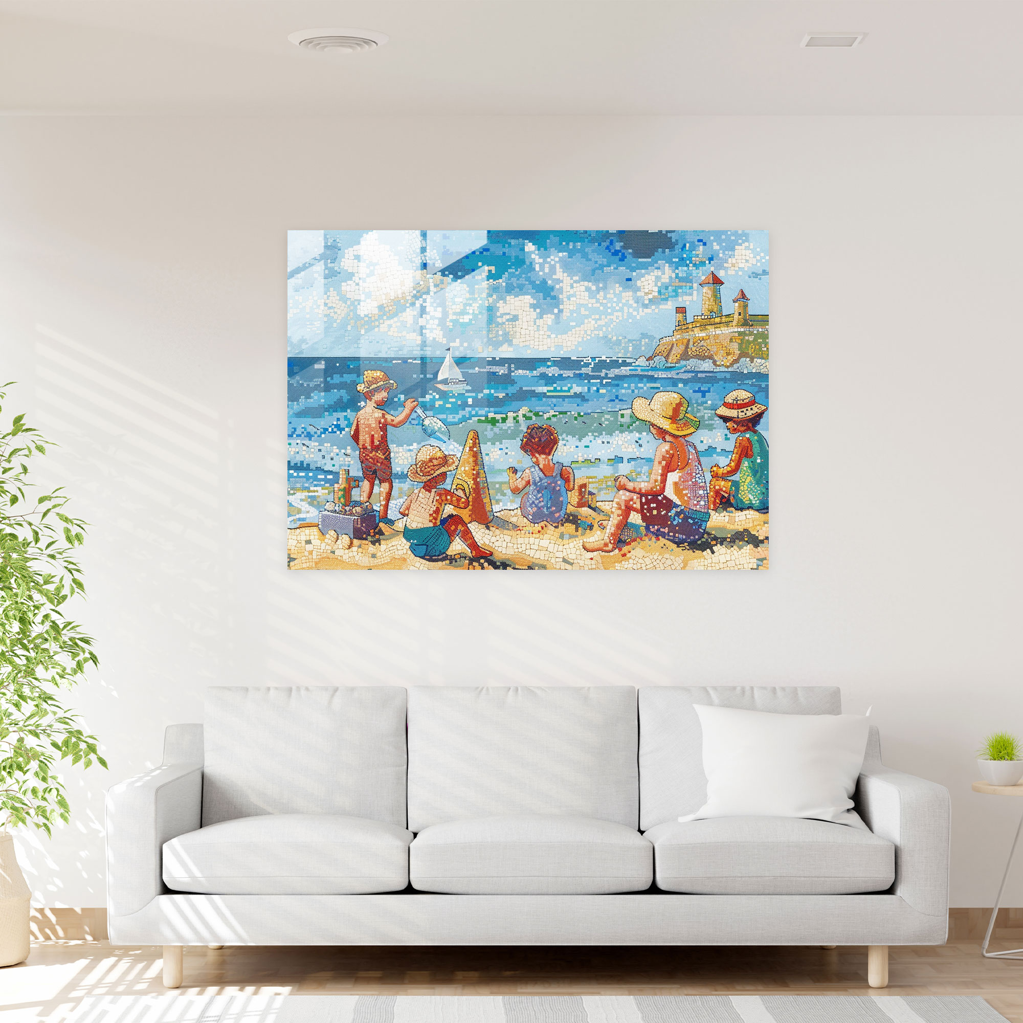 Pointillism Home Decoration: Playful Seaside Scene - Pointillism, Glass Wall Art, Glass Print, Modern Art