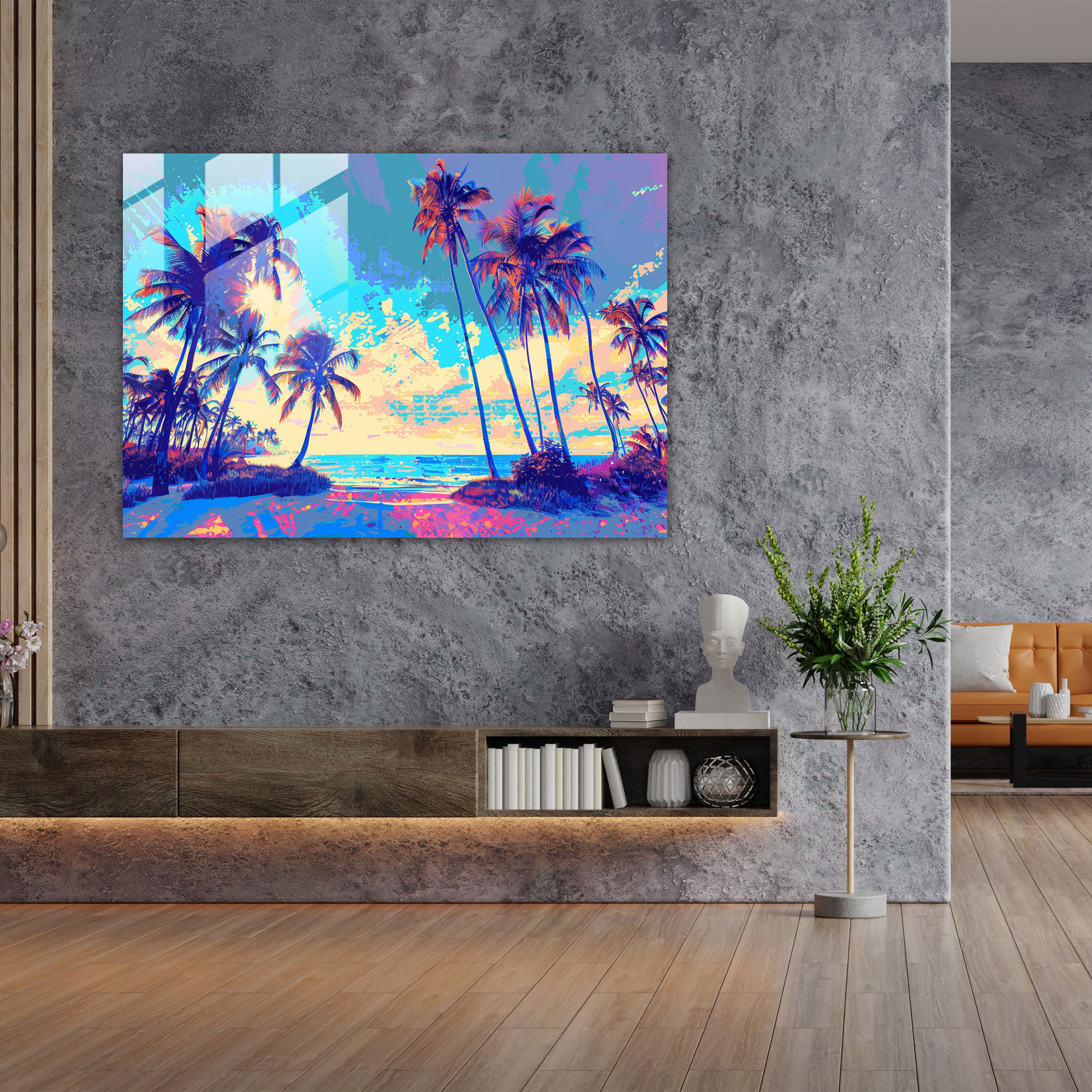 Pointillism Glass Art: Exotic Tropical Paradise - Pointillism, Modern Art, Home Decoration, Glass Print