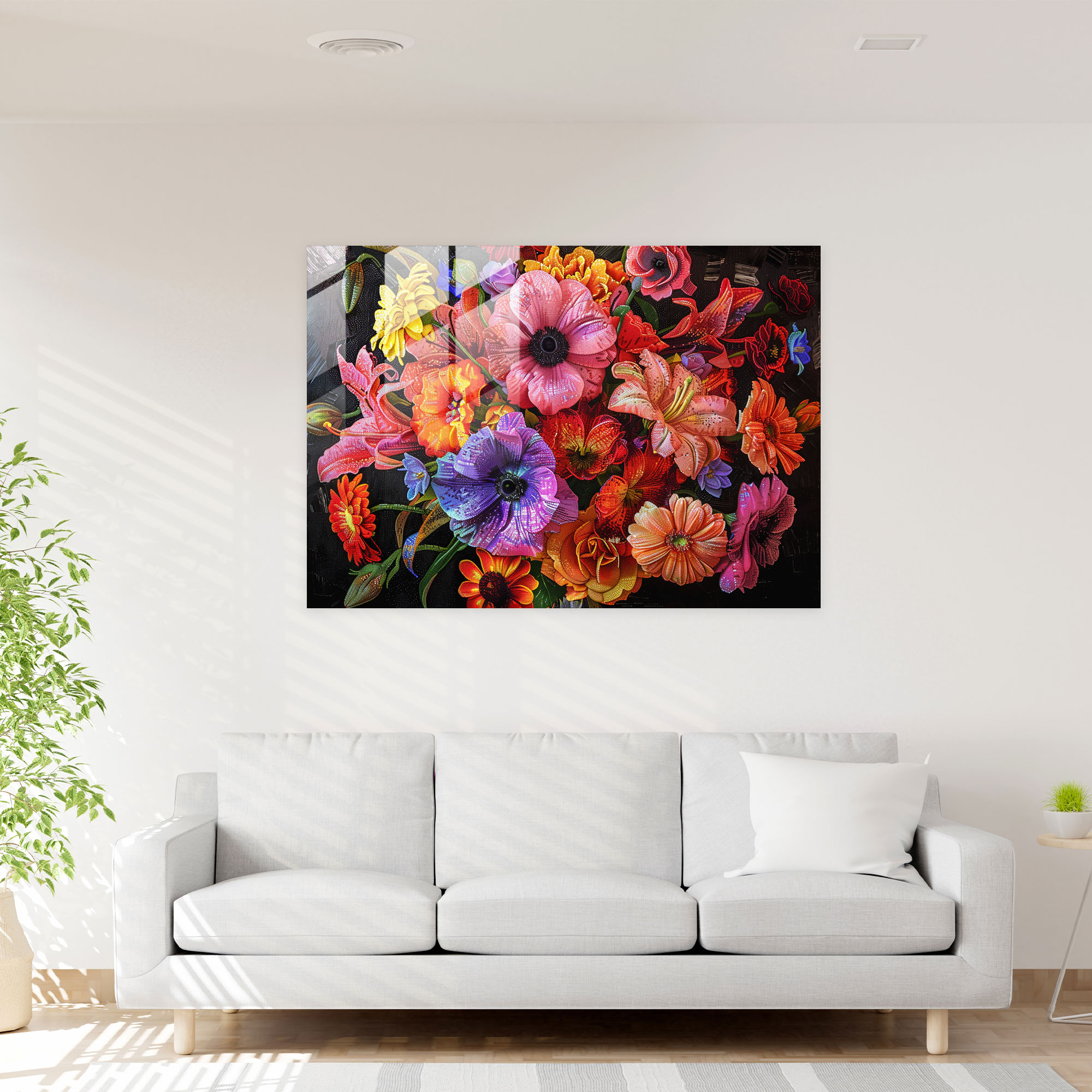 Pointillism Glass Print - Vibrant Floral - Pointillism, Wall Decoration, Home Decoration, Glass Print