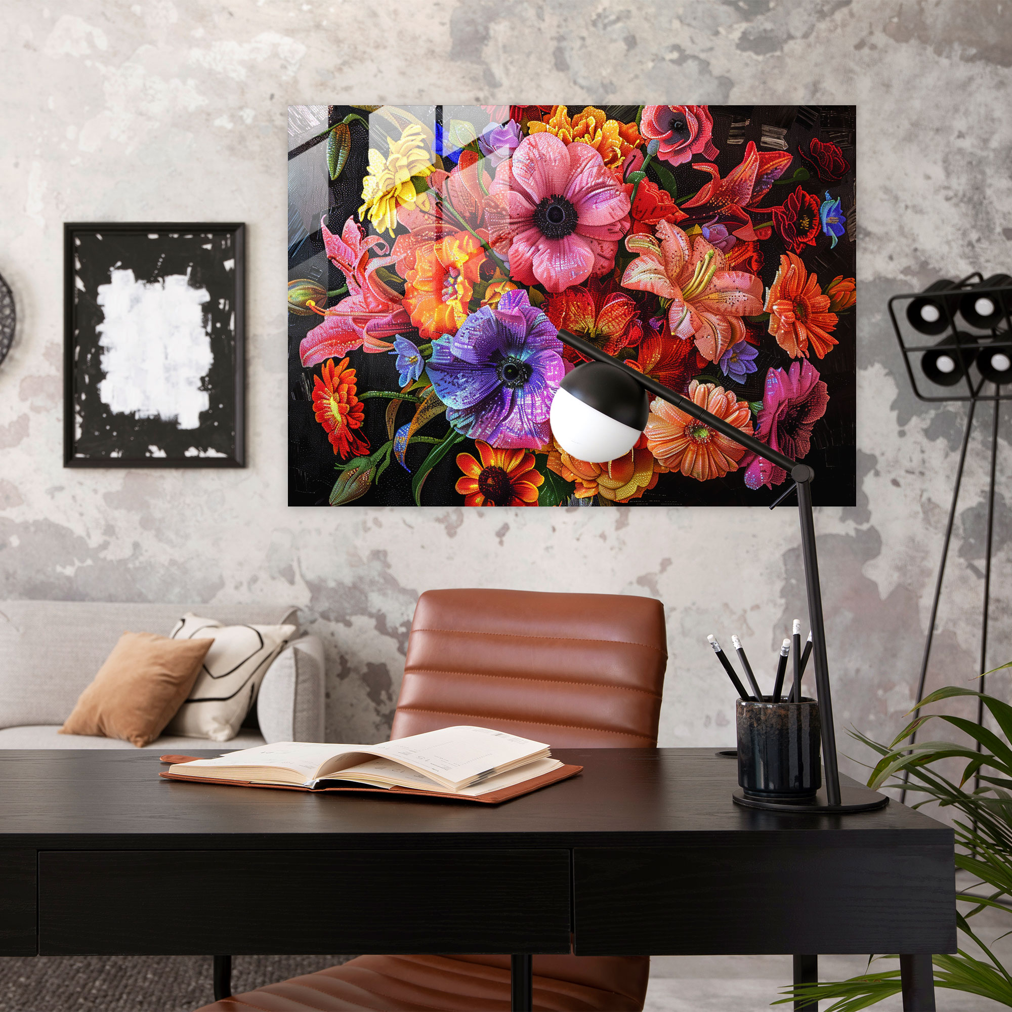 Pointillism Glass Print - Vibrant Floral - Pointillism, Wall Decoration, Home Decoration, Glass Print