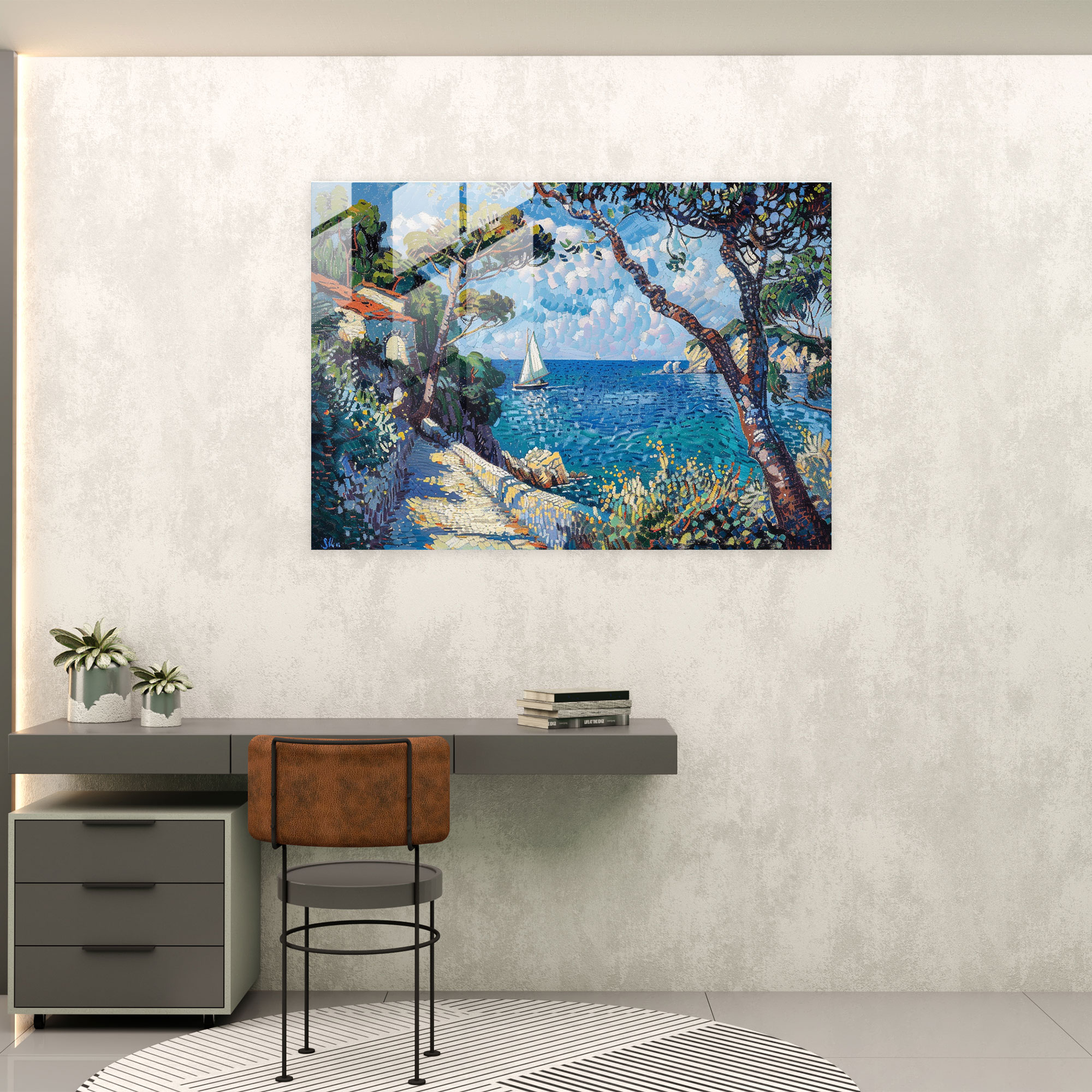 Pointillism Glass Wall Art - Peaceful Seaside - Pointillism, Landscape, Glass Art, Modern Art