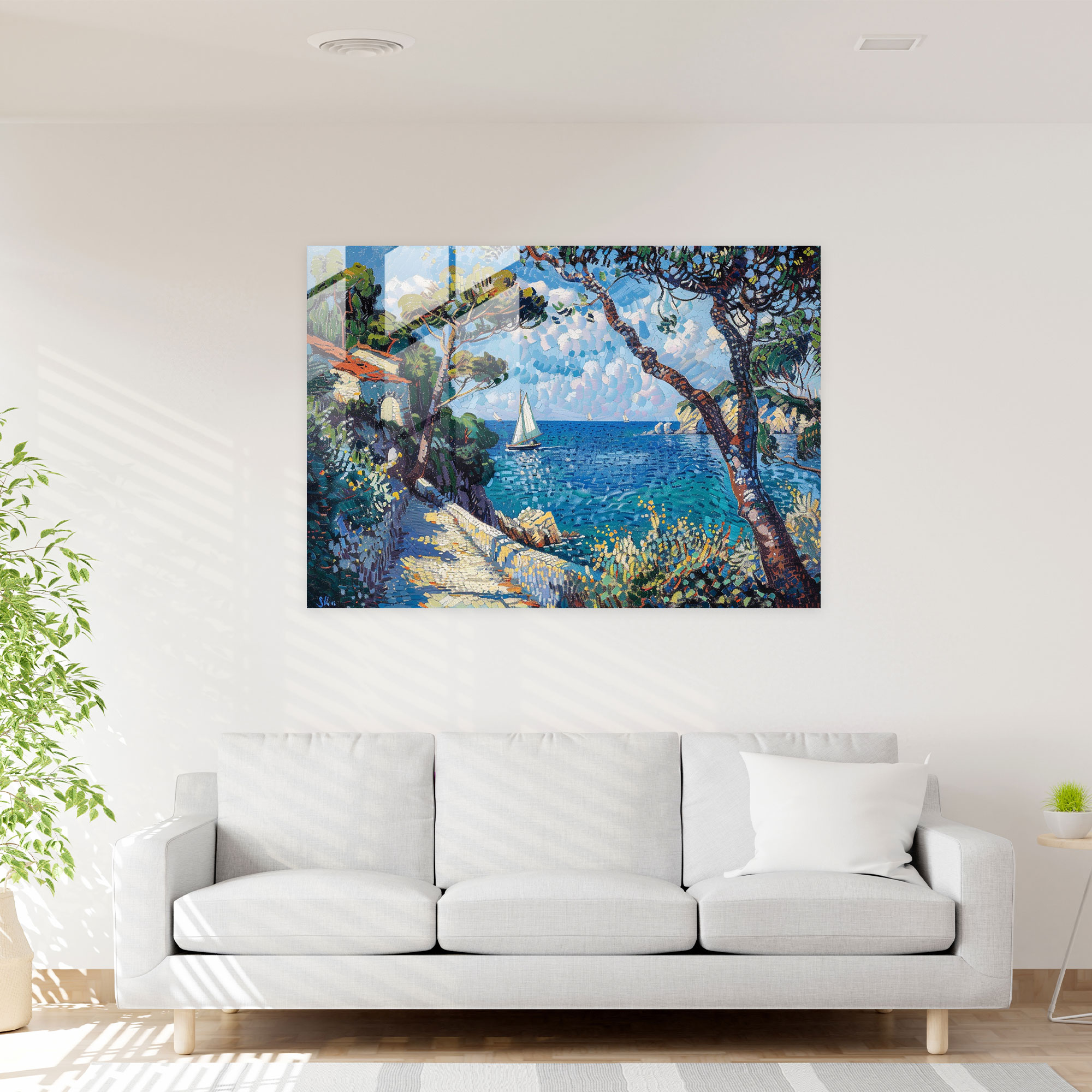 Pointillism Glass Wall Art - Peaceful Seaside - Pointillism, Landscape, Glass Art, Modern Art