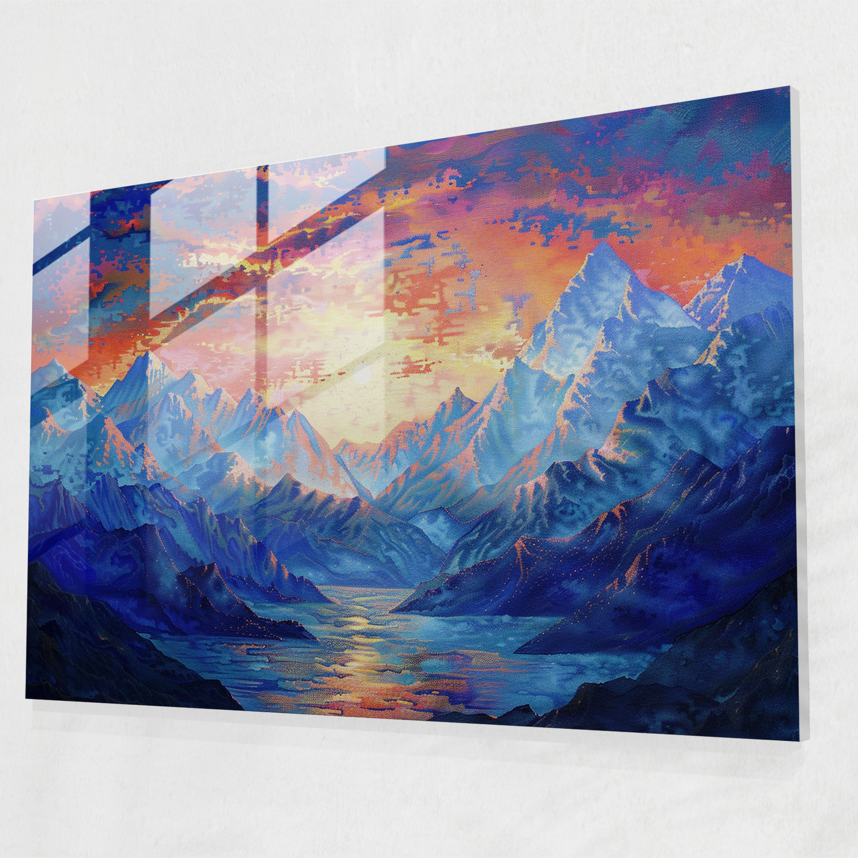 Pointillism Glass Wall Art - Romantic Sunset - Pointillism, Mountains, Glass Print, Pointillism