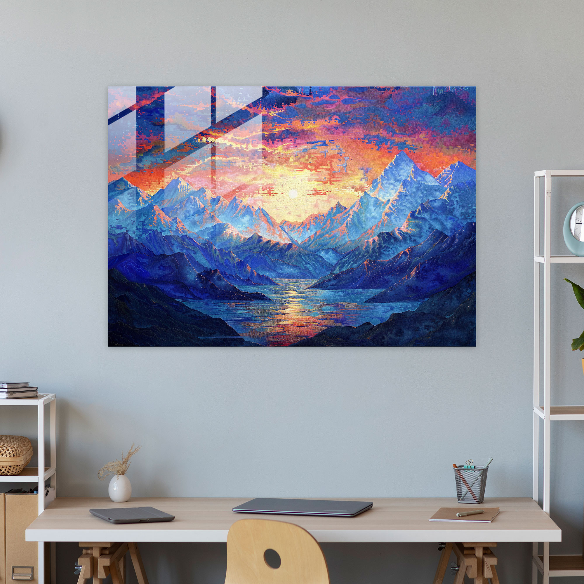 Pointillism Glass Wall Art - Romantic Sunset - Pointillism, Mountains, Glass Print, Pointillism