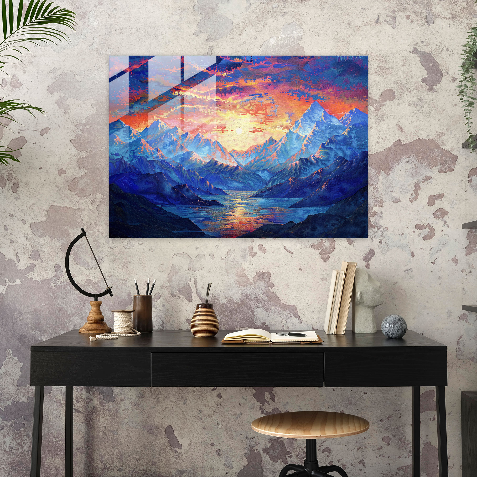 Pointillism Glass Wall Art - Romantic Sunset - Pointillism, Mountains, Glass Print, Pointillism