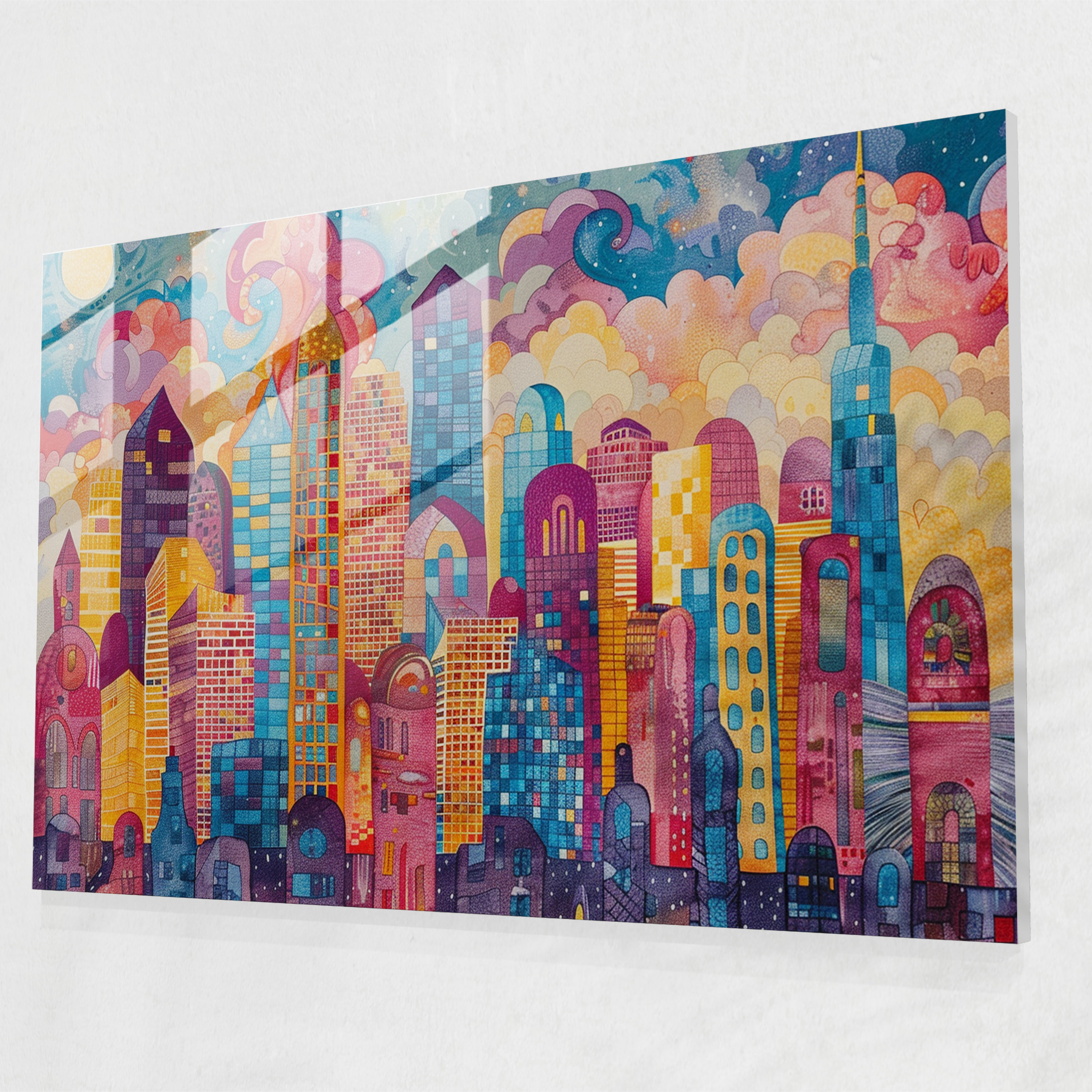 Pointillism Wall Decoration - Whimsical City - Pointillism, Glass Art, Pointillism, Glass Wall Art
