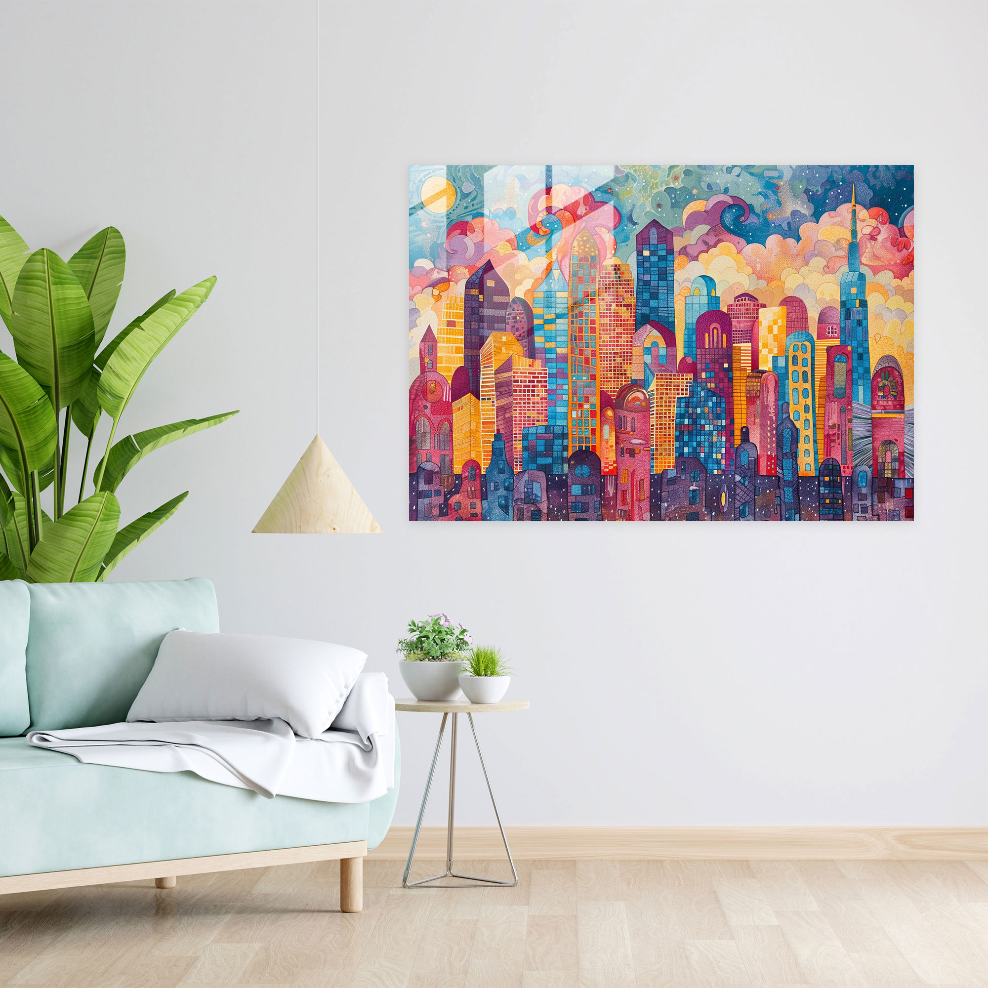 Pointillism Wall Decoration - Whimsical City - Pointillism, Glass Art, Pointillism, Glass Wall Art
