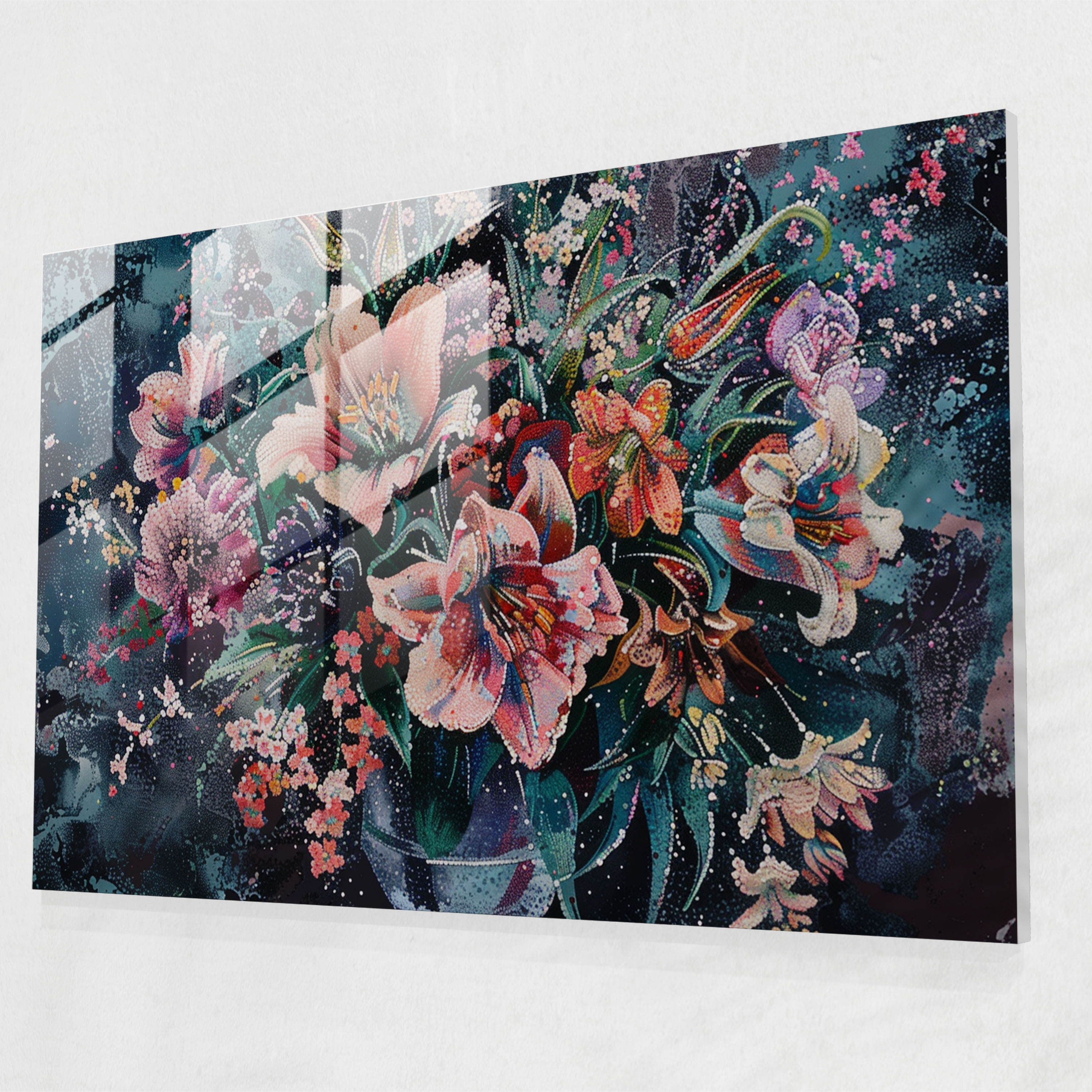 Pointillism Glass Print - Elegant Floral Bouquet - Pointillism, Glass Print, Floral Bouquet, Glass Wall Art