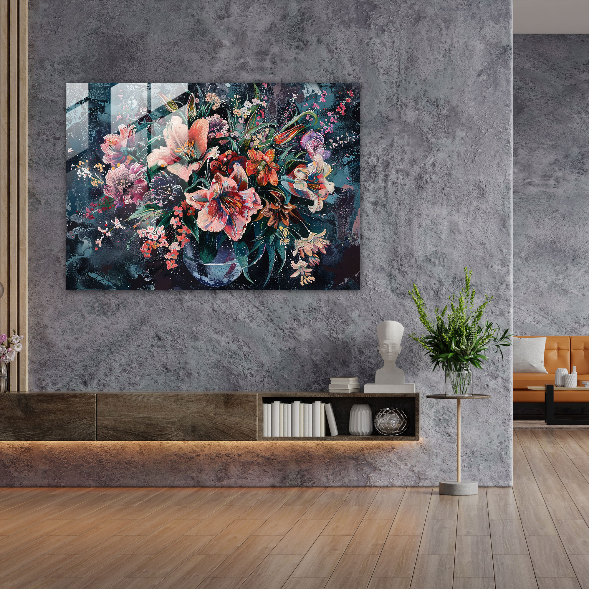 Pointillism Glass Print - Elegant Floral Bouquet - Pointillism, Glass Print, Floral Bouquet, Glass Wall Art