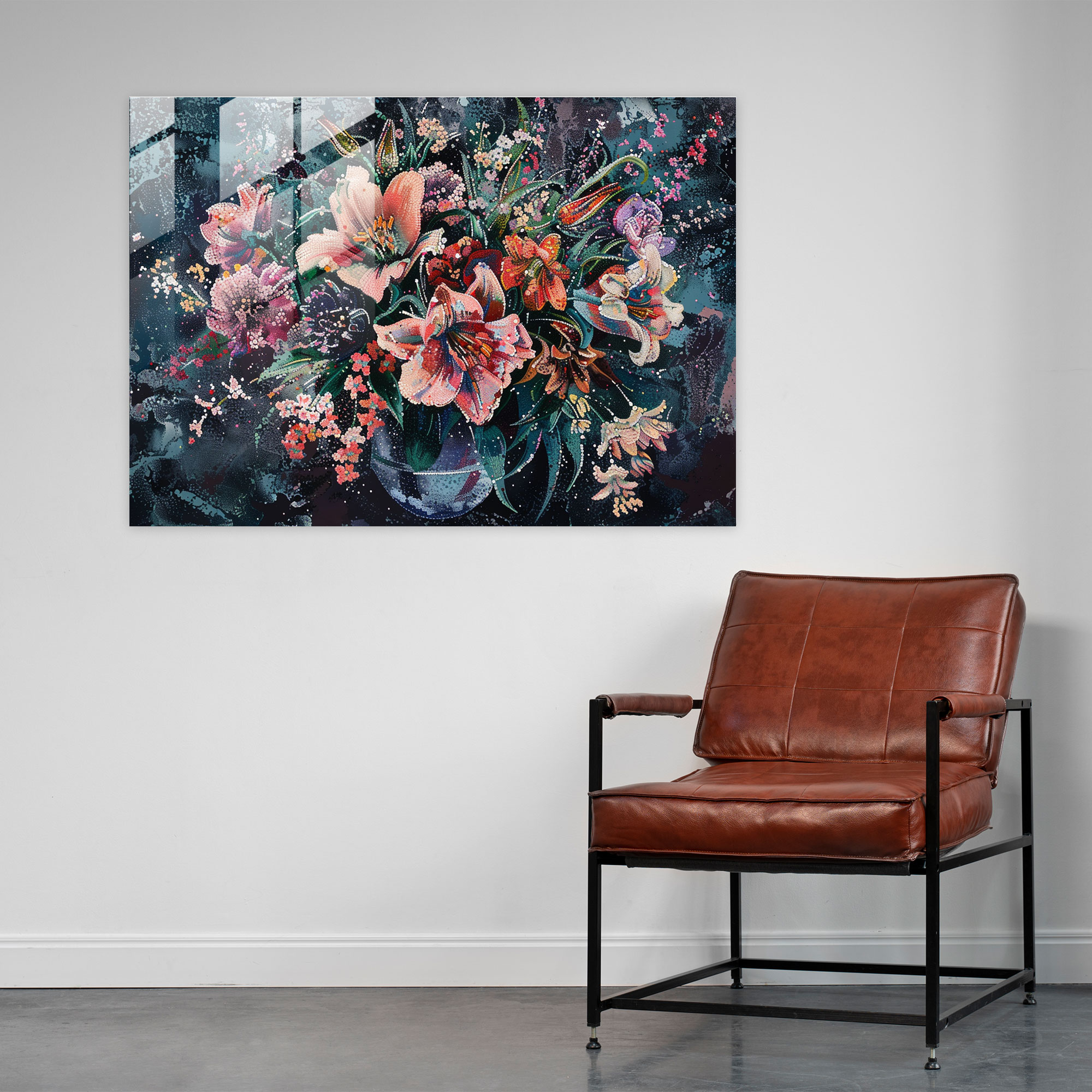 Pointillism Glass Print - Elegant Floral Bouquet - Pointillism, Glass Print, Floral Bouquet, Glass Wall Art