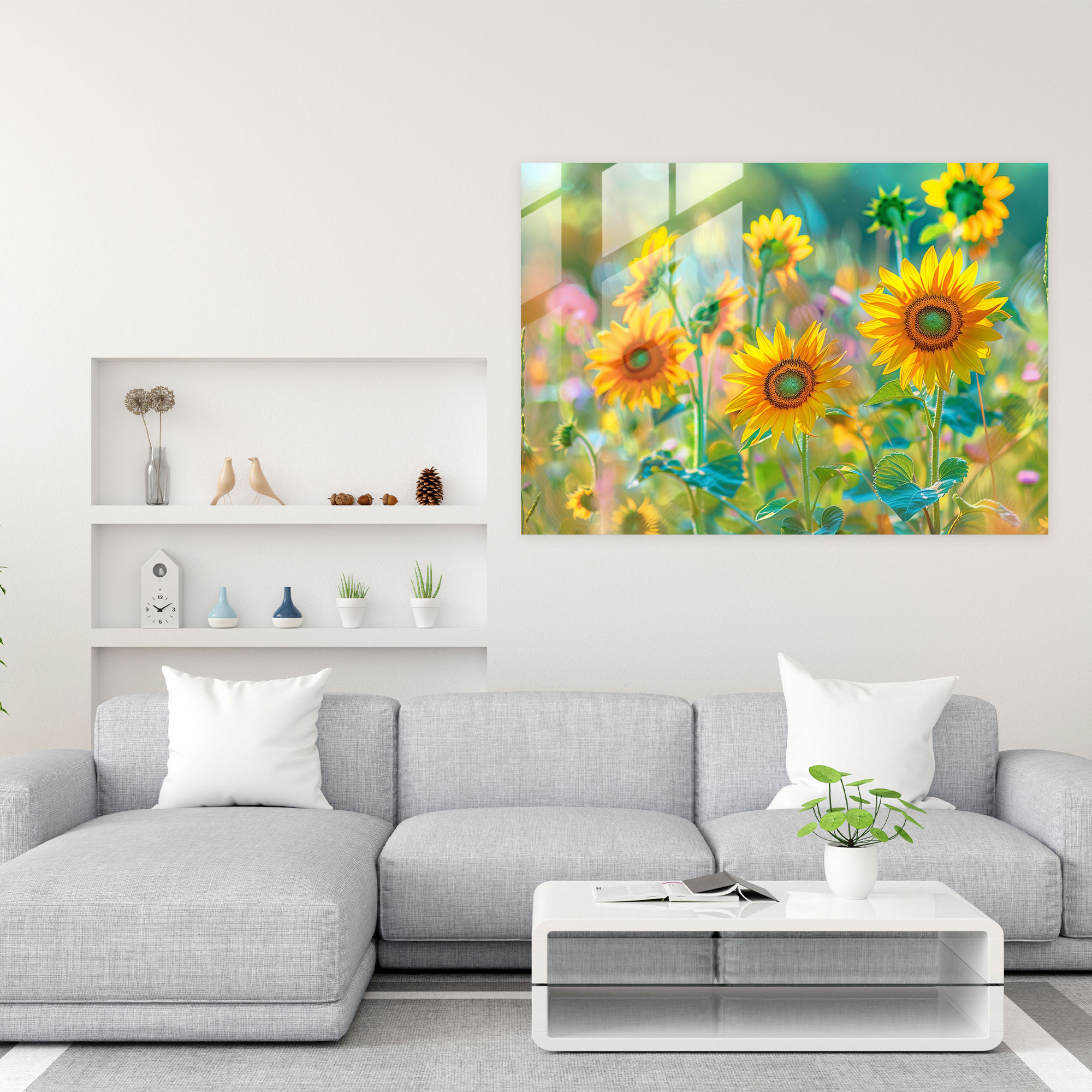 Sunflower Pointillism Glass Print - Pointillism, Glass Print, Glass Art, Home Decoration