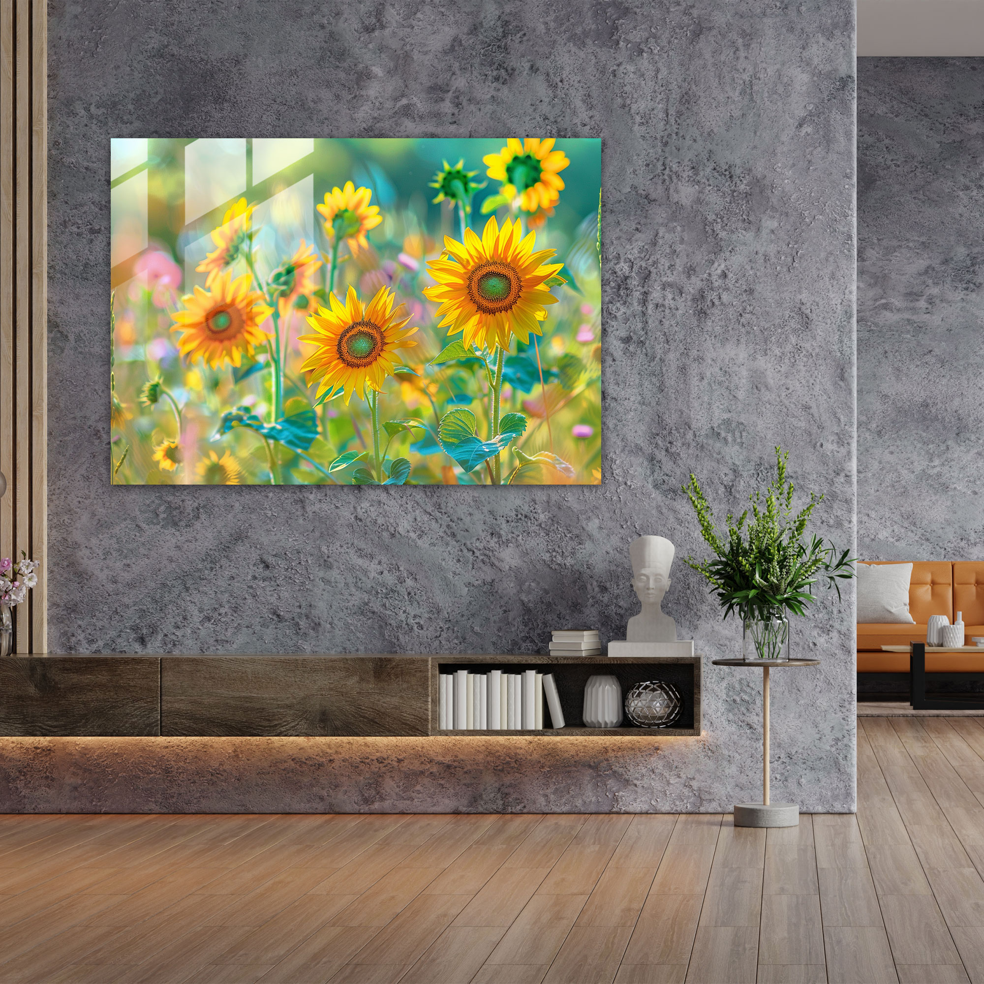 Sunflower Pointillism Glass Print - Pointillism, Glass Print, Glass Art, Home Decoration
