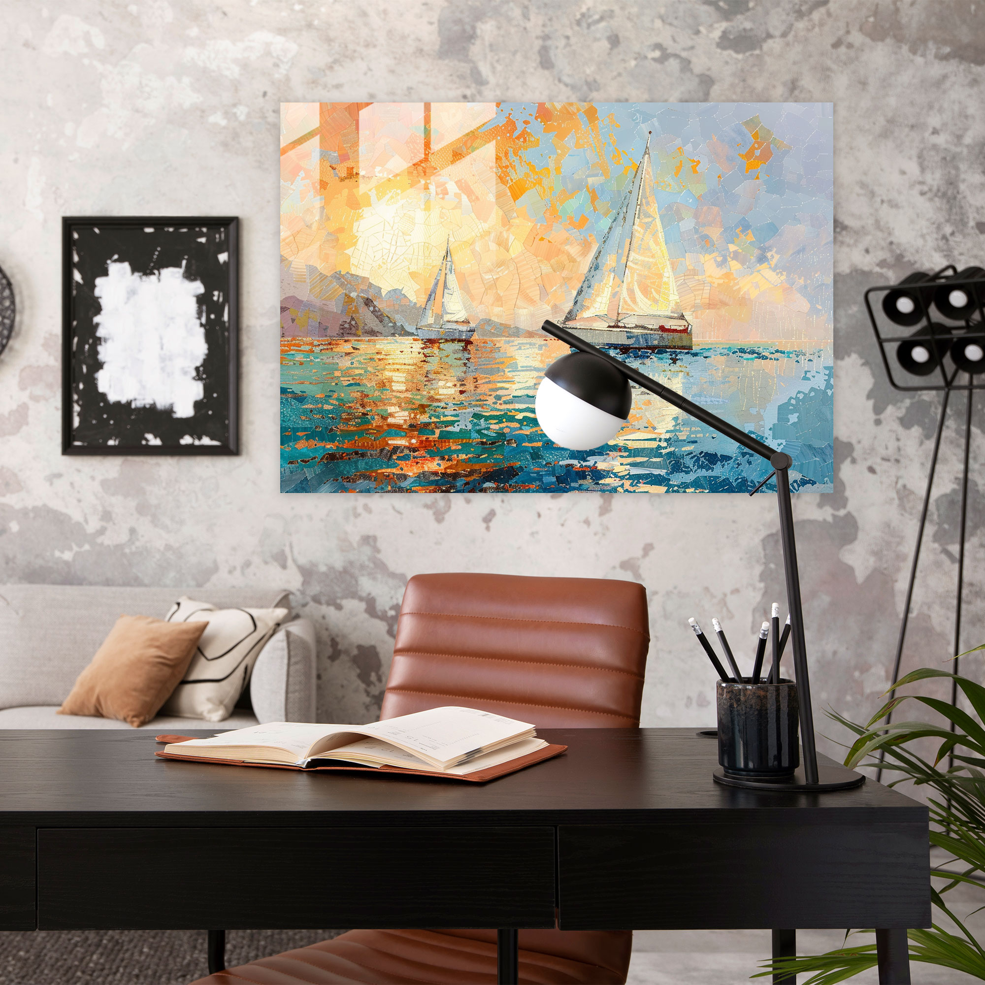 Seascape Sailboats Pointillism Glass Wall Art - Pointillism, Glass Art, Home Decoration, Modern Art