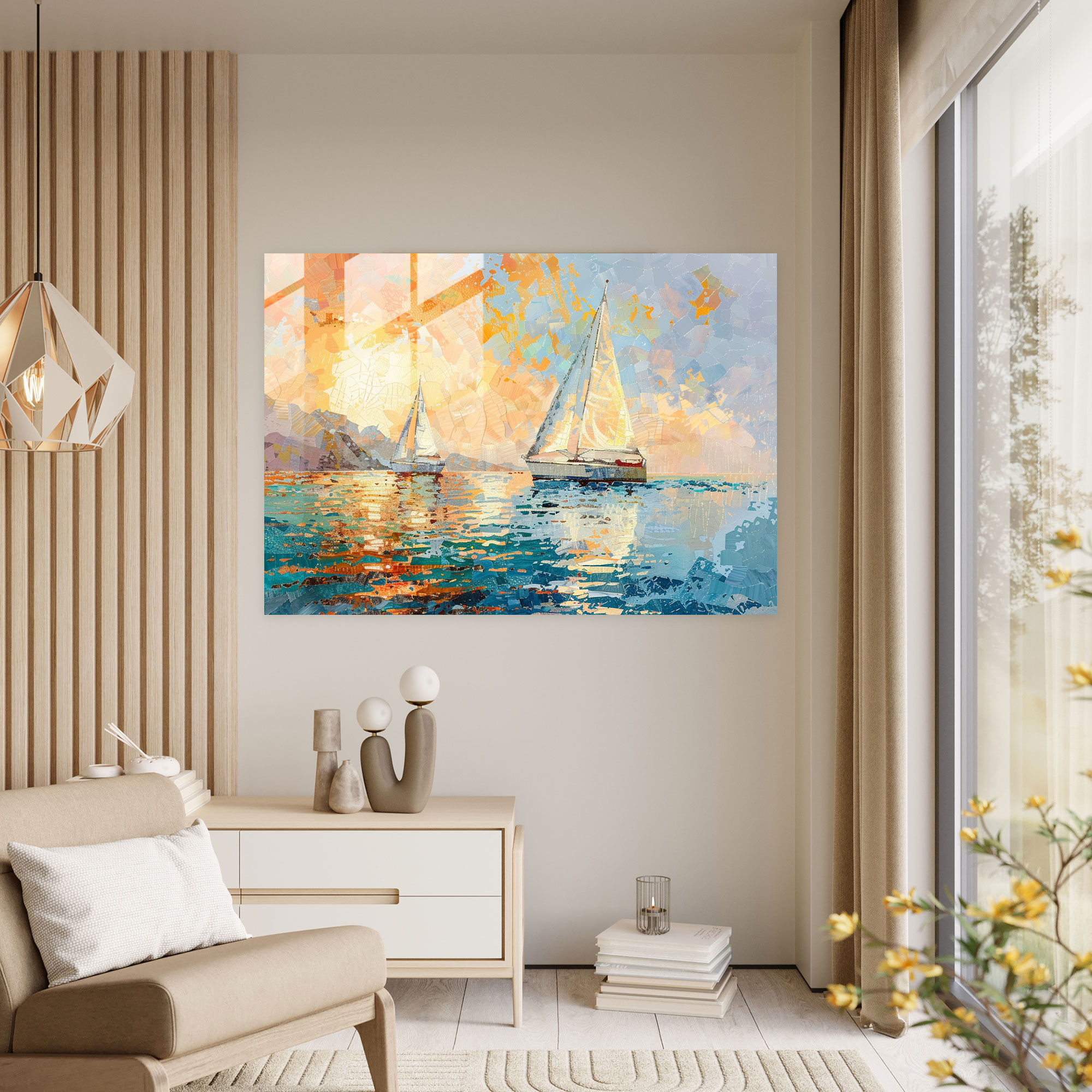 Seascape Sailboats Pointillism Glass Wall Art - Pointillism, Glass Art, Home Decoration, Modern Art