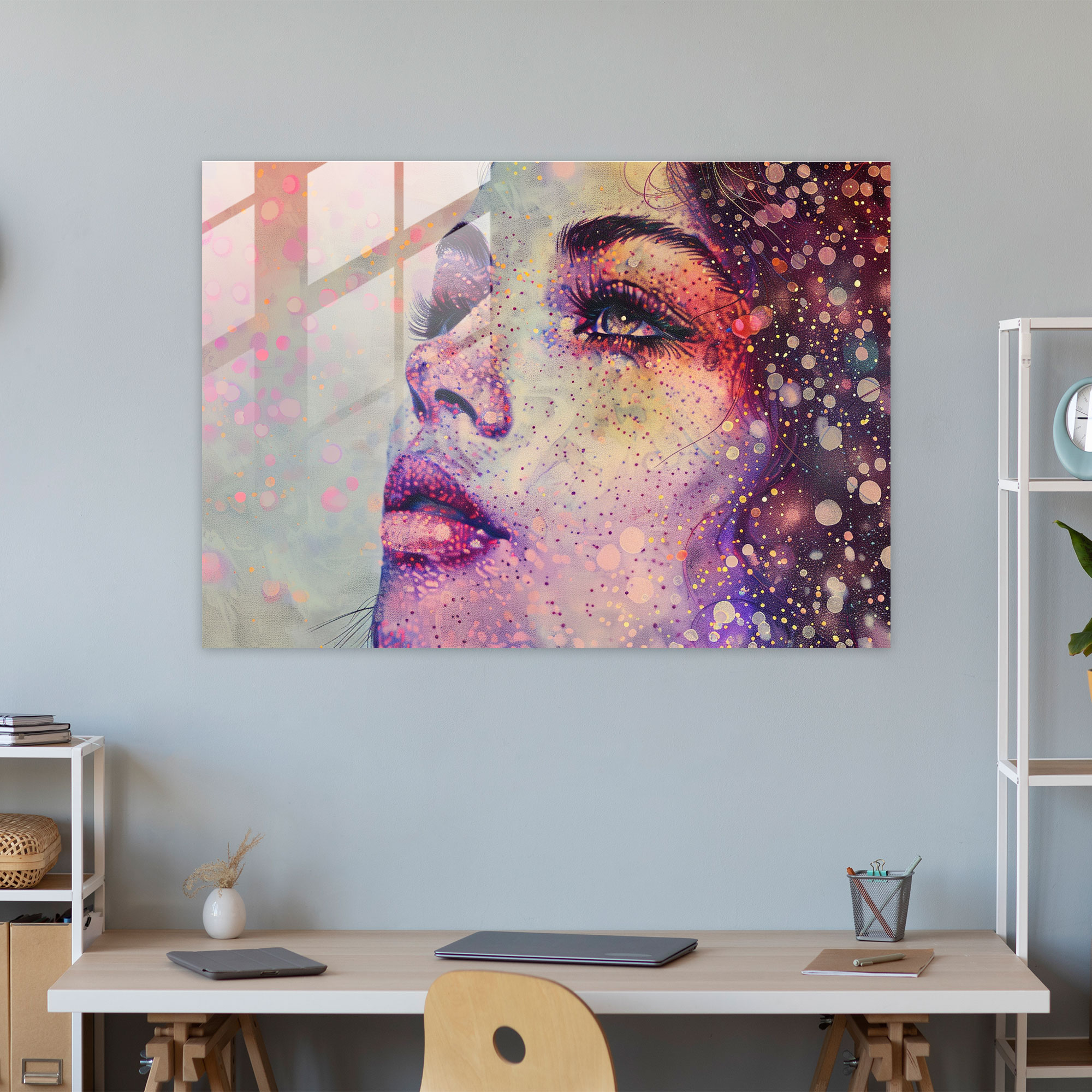 Woman Portrait Pointillism Glass Print - Pointillism, Wall Decoration, Glass Art, Glass Print