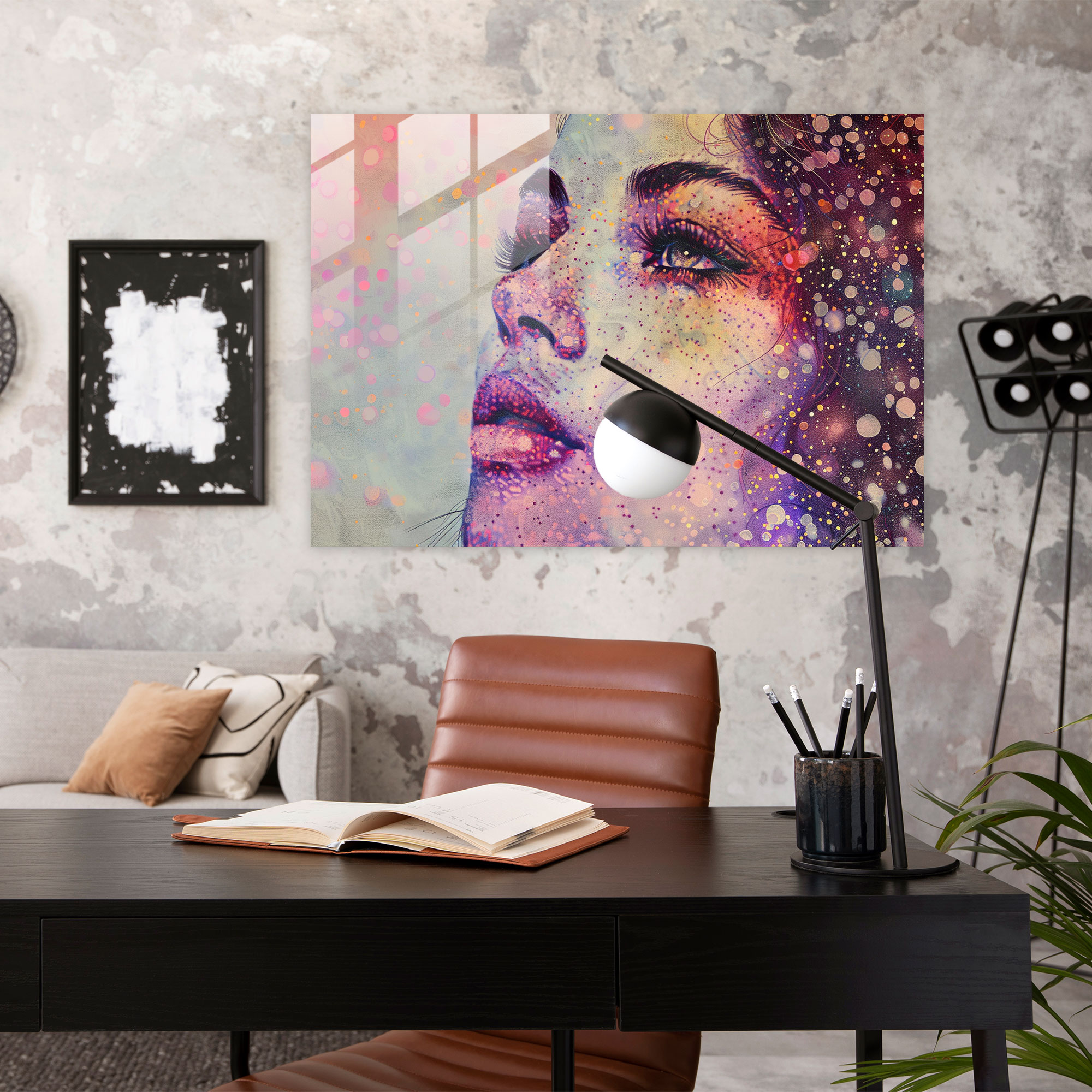 Woman Portrait Pointillism Glass Print - Pointillism, Wall Decoration, Glass Art, Glass Print