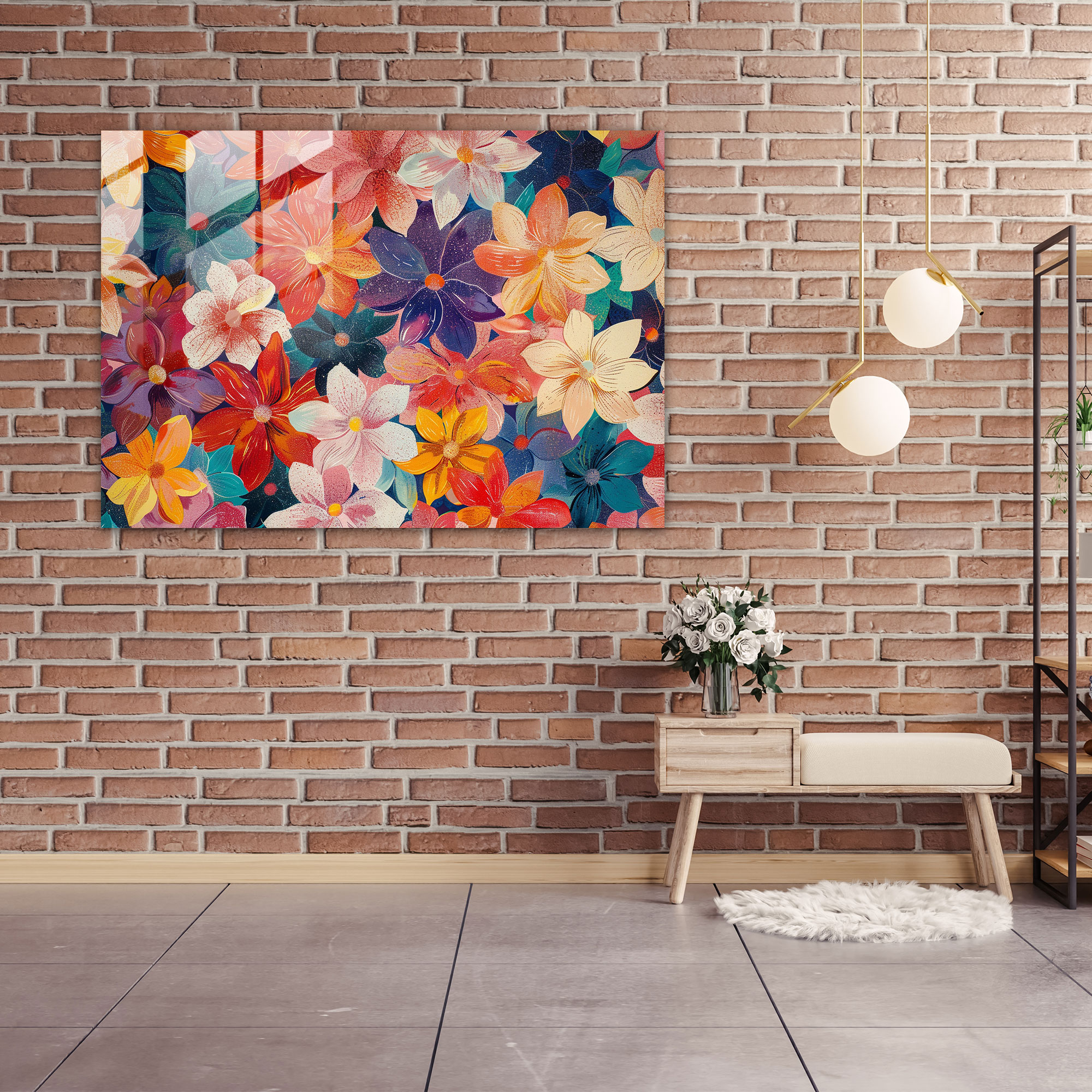 Floral Pattern Pointillism Glass Wall Art - Pointillism, Modern Art, Wall Decoration, Home Decoration