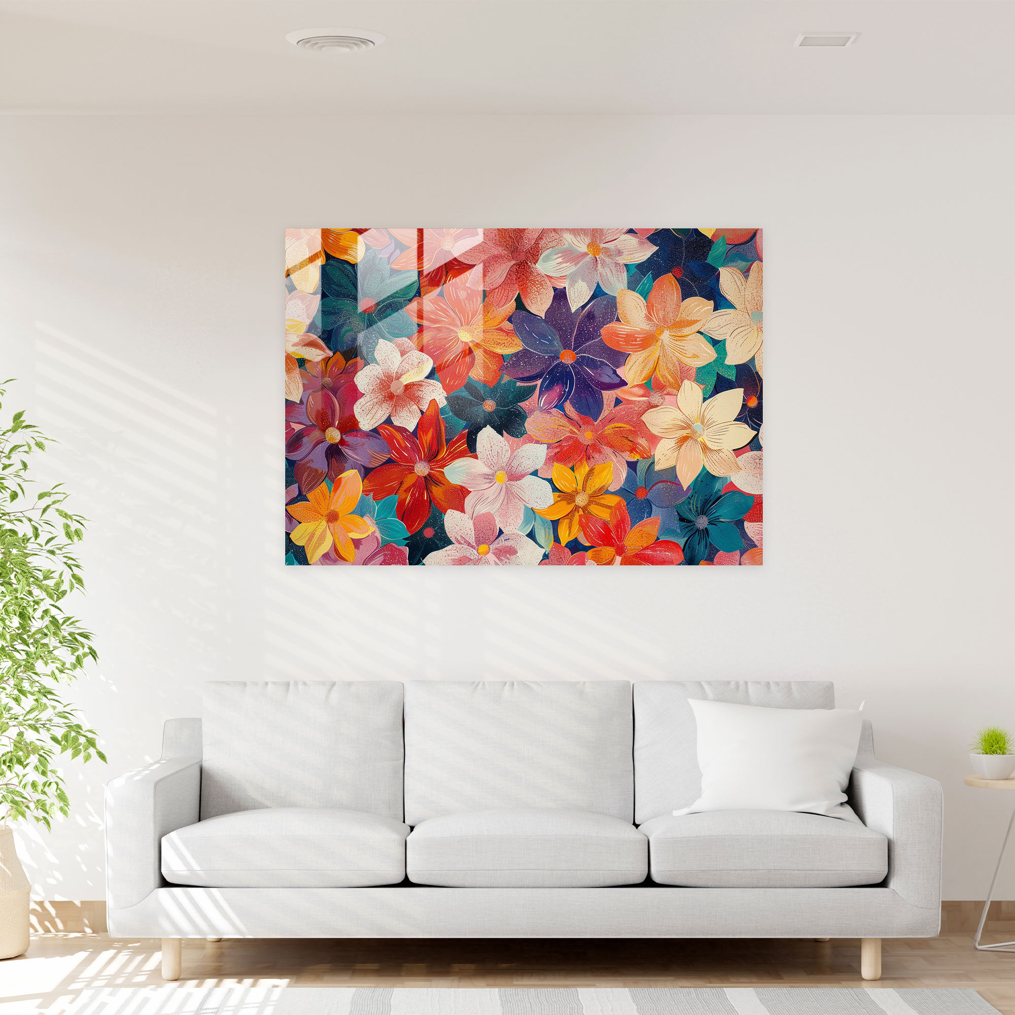 Floral Pattern Pointillism Glass Wall Art - Pointillism, Modern Art, Wall Decoration, Home Decoration