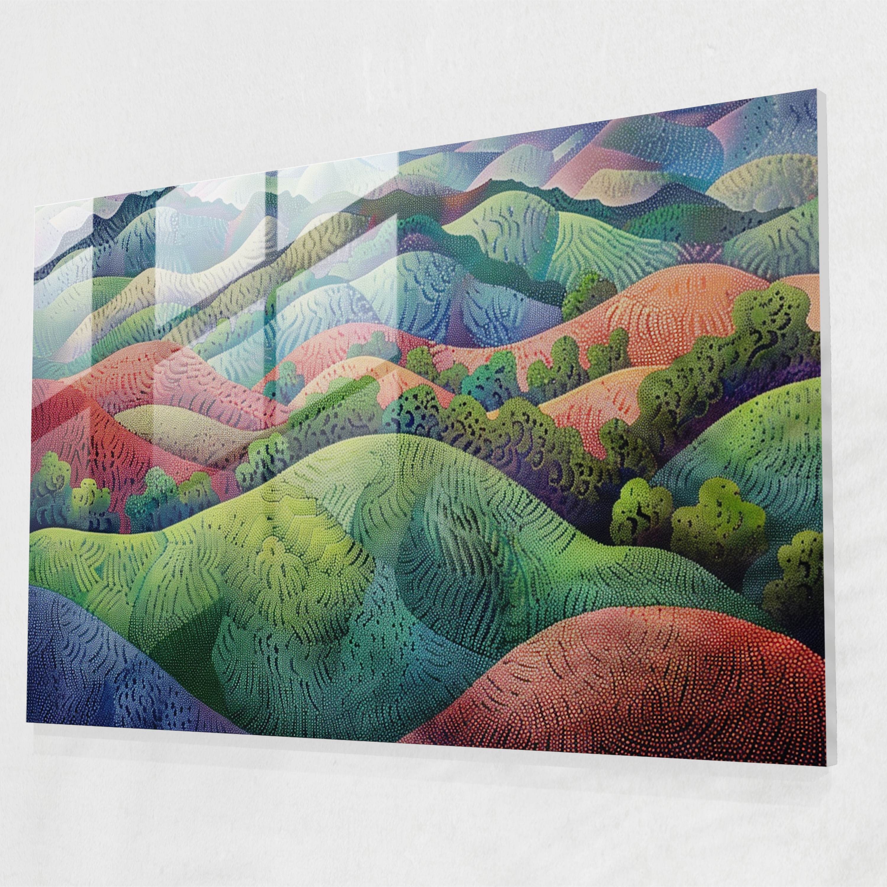 Pointillism Glass Print - Rolling Hills Landscape - Pointillism, Landscape, Rolling Hills, Glass Wall Art