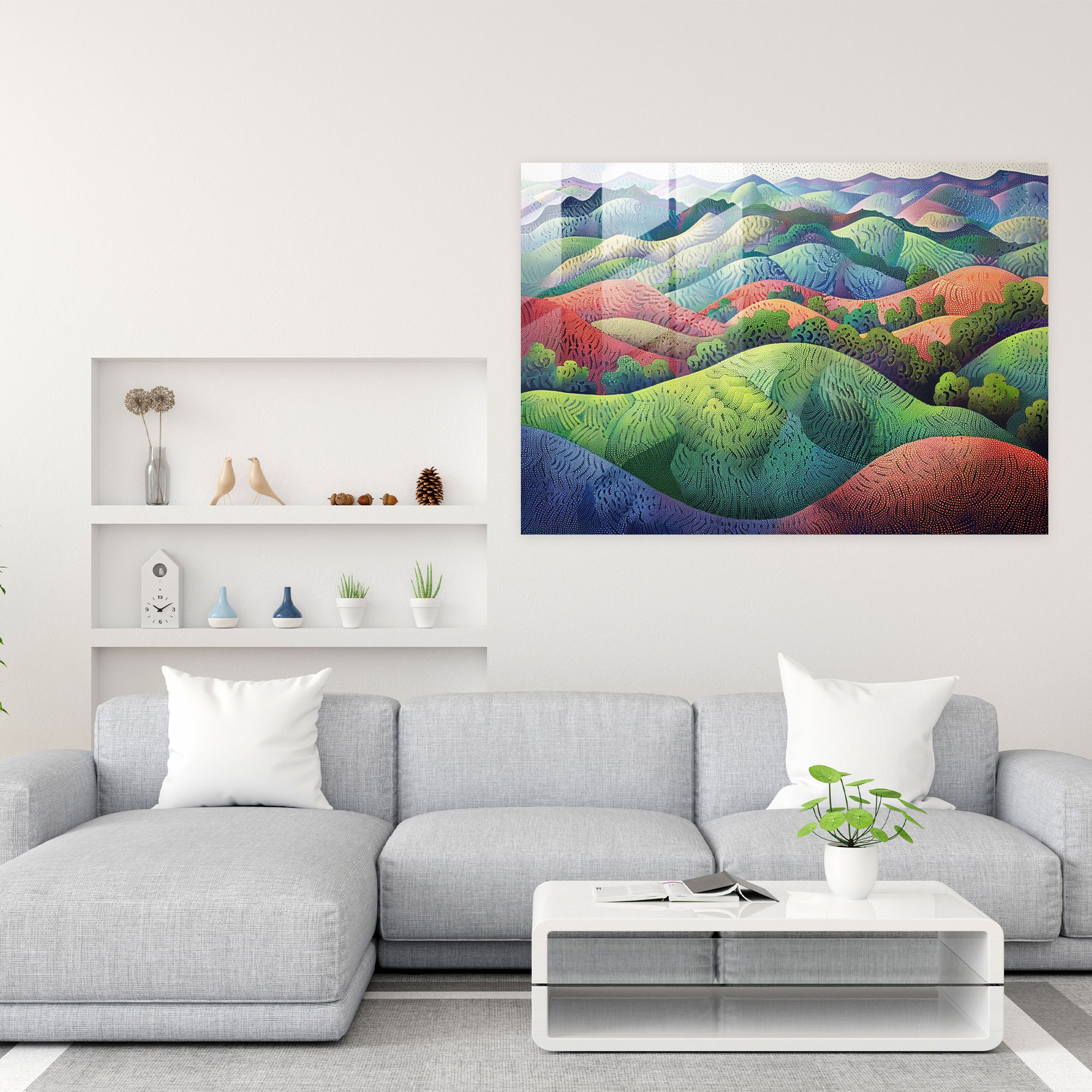 Pointillism Glass Print - Rolling Hills Landscape - Pointillism, Landscape, Rolling Hills, Glass Wall Art