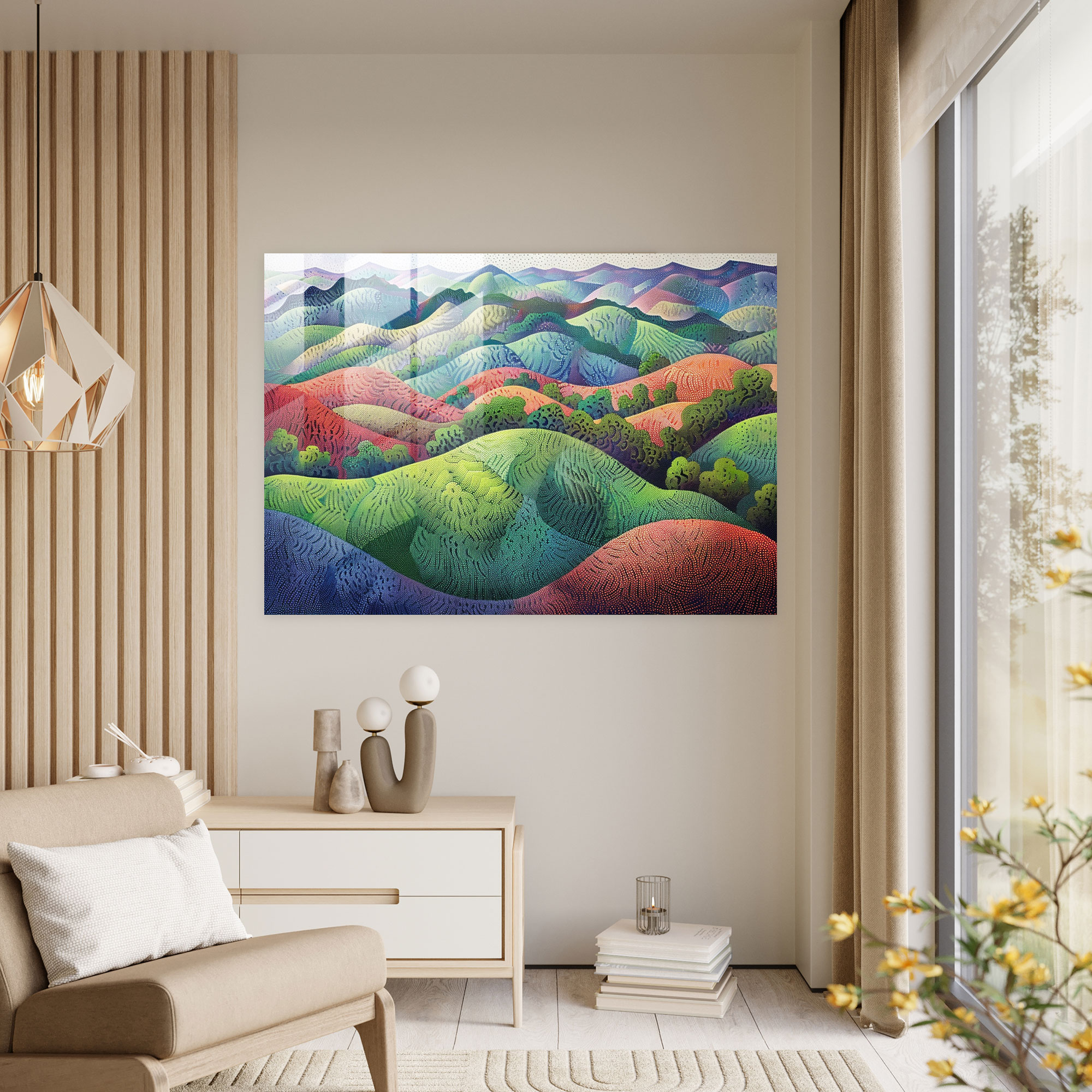 Pointillism Glass Print - Rolling Hills Landscape - Pointillism, Landscape, Rolling Hills, Glass Wall Art