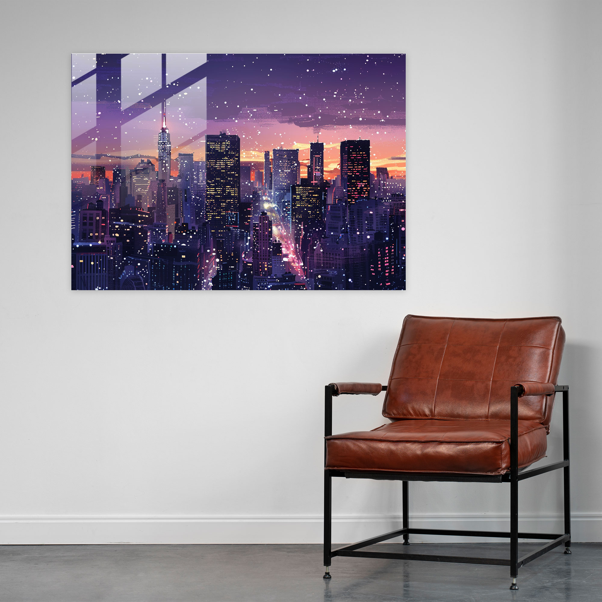 Pointillism Glass Print - Night City Skyline - Pointillism, City Skyline, Wall Decoration, Home Decoration