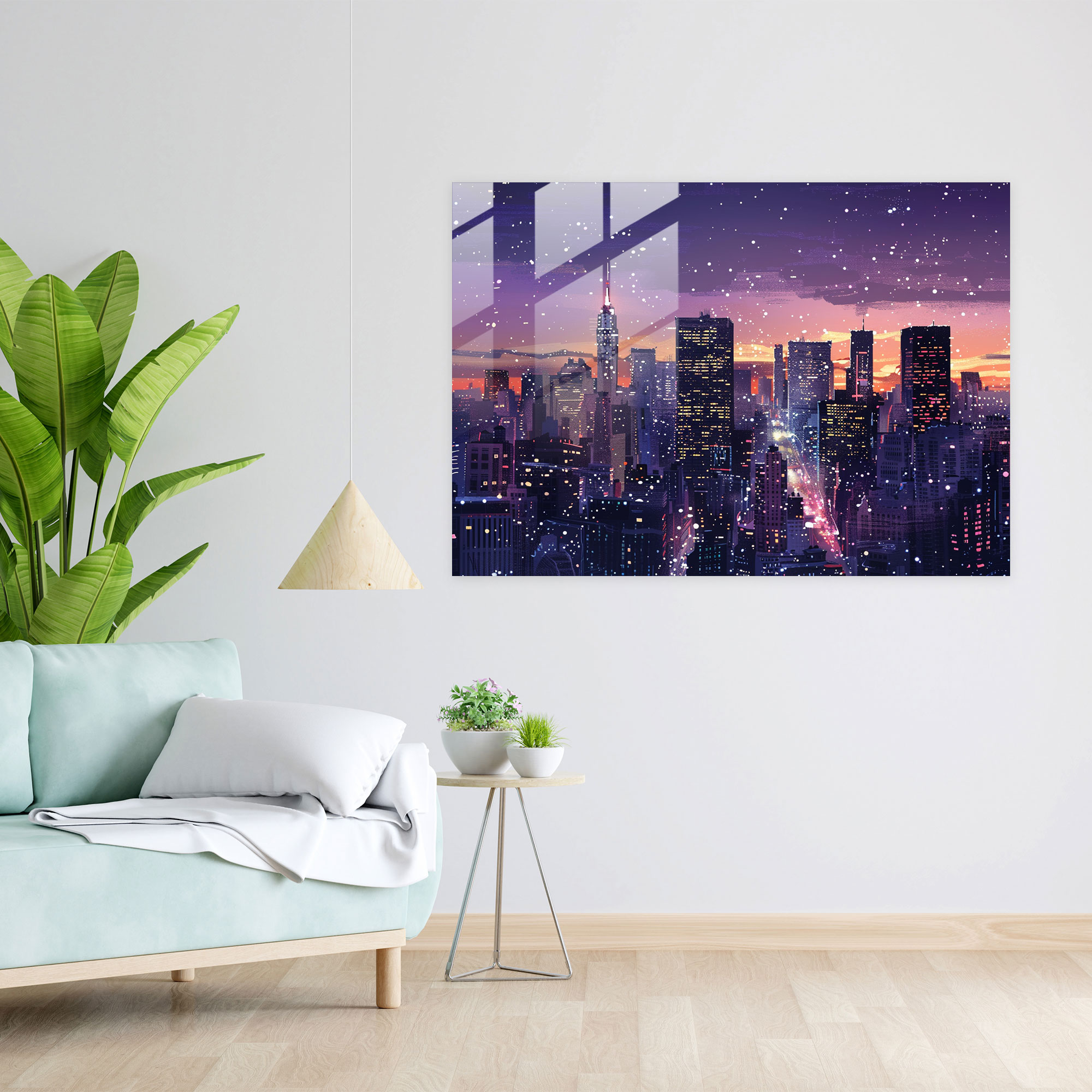Pointillism Glass Print - Night City Skyline - Pointillism, City Skyline, Wall Decoration, Home Decoration