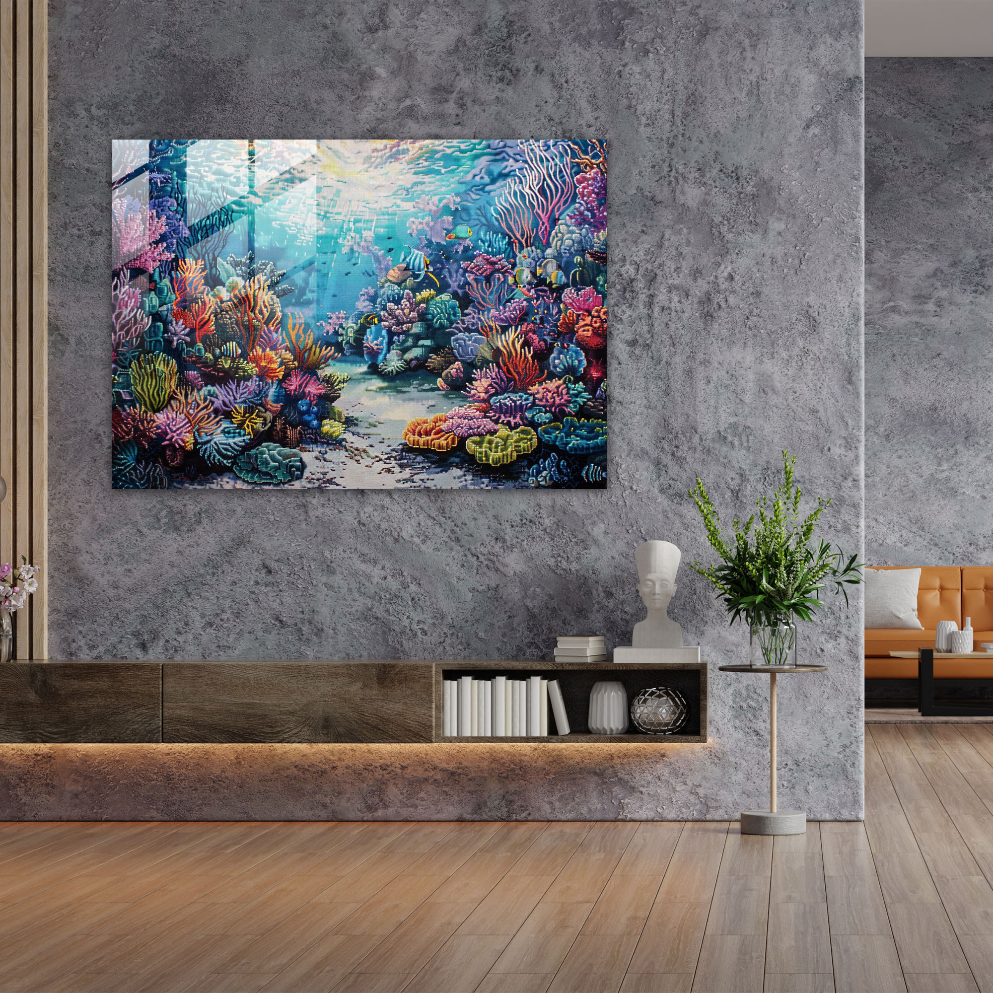 Pointillism Glass Print - Coral Reef Underwater Scene - Pointillism, Modern Art, Home Decoration, Glass Print