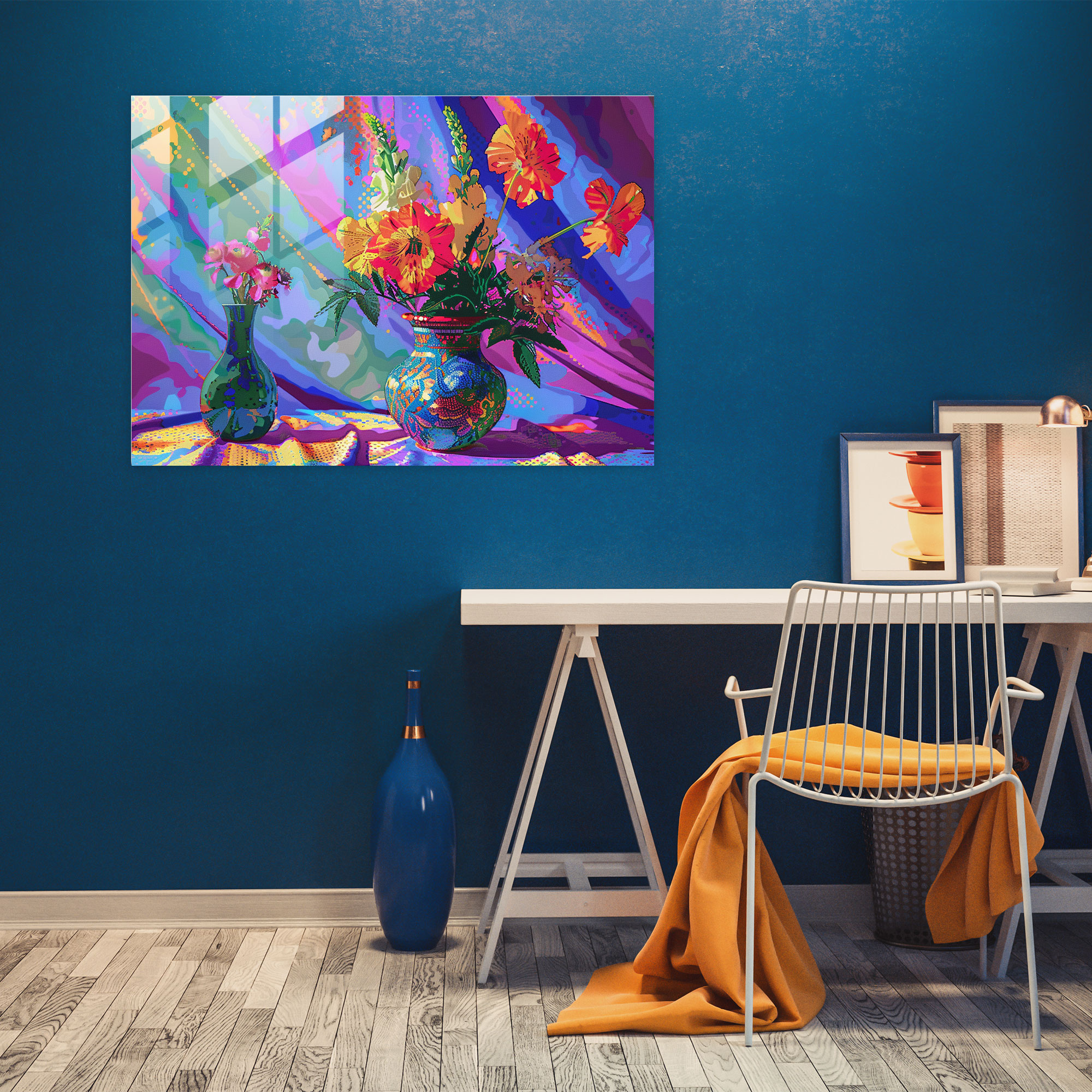 Pointillism Glass Print - Vibrant Flowers Still Life - Pointillism, Glass Wall Art, Vibrant Colors, Modern Art