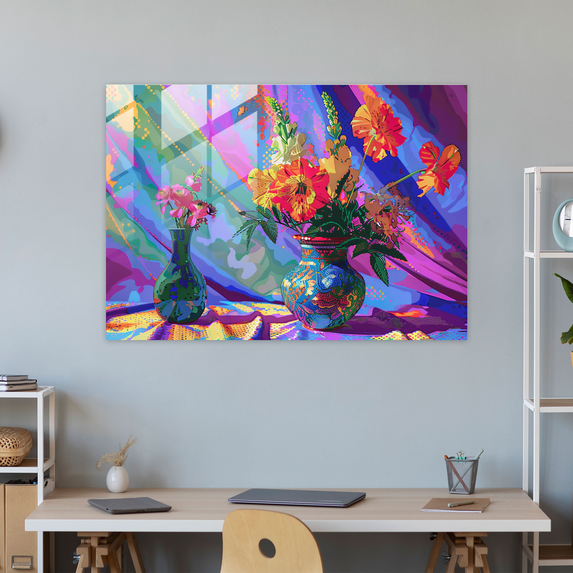 Pointillism Glass Print - Vibrant Flowers Still Life - Pointillism, Glass Wall Art, Vibrant Colors, Modern Art